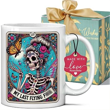 My Last Flying Tarot Card Skull Coffee Mug Gifts for Women - Sarcastic Witchy Gifts for Girl Woman - Spooky Valentine Gift - Mothers Day Skull Cup - Funny Goth Gift for Mom