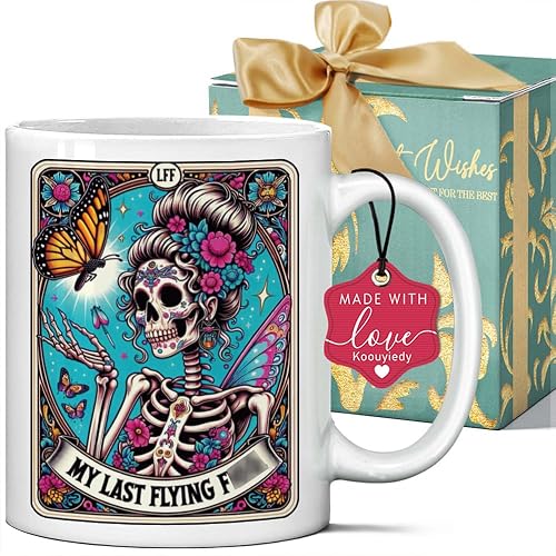 Koouyiedy My Last Flying Tarot Card Skull Coffee Mug Gifts for Women - Sarcastic Witchy Gifts for Girl Woman - Spooky Valentine Gift - Mother's Day Skull Cup - Funny Goth Gift for Mom