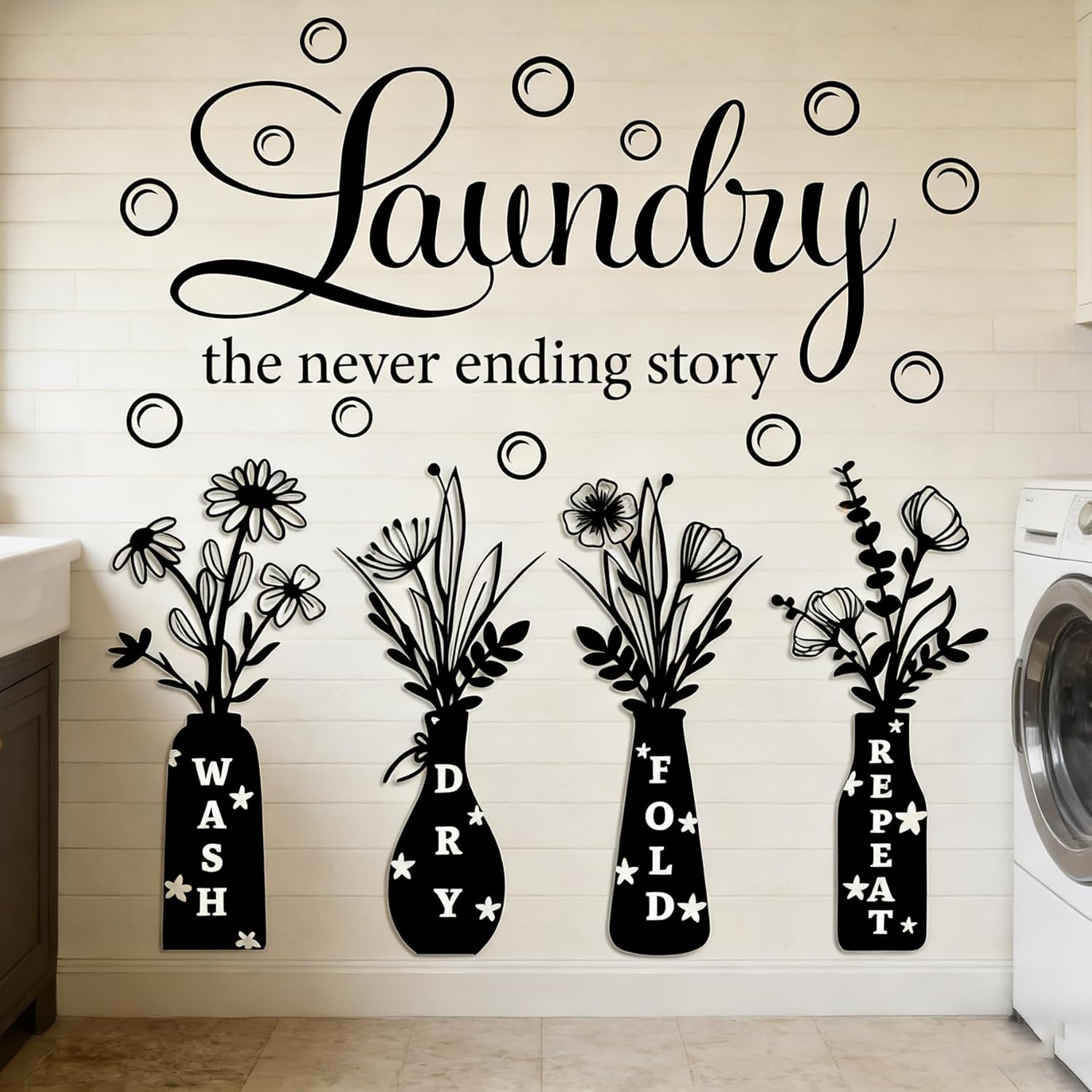 Laundry Room Wall Decals, Laundry The Never Ending Story Black Floral Vase Wall Stickers with Wash Dry Fold Repeat Quotes, Removable Vinyl Art Decor