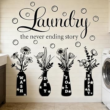 Laundry Room Wall Decals, Laundry The Never Ending Story Black Floral Vase Wall Stickers with Wash Dry Fold Repeat Quotes, Removable Vinyl Art Decor