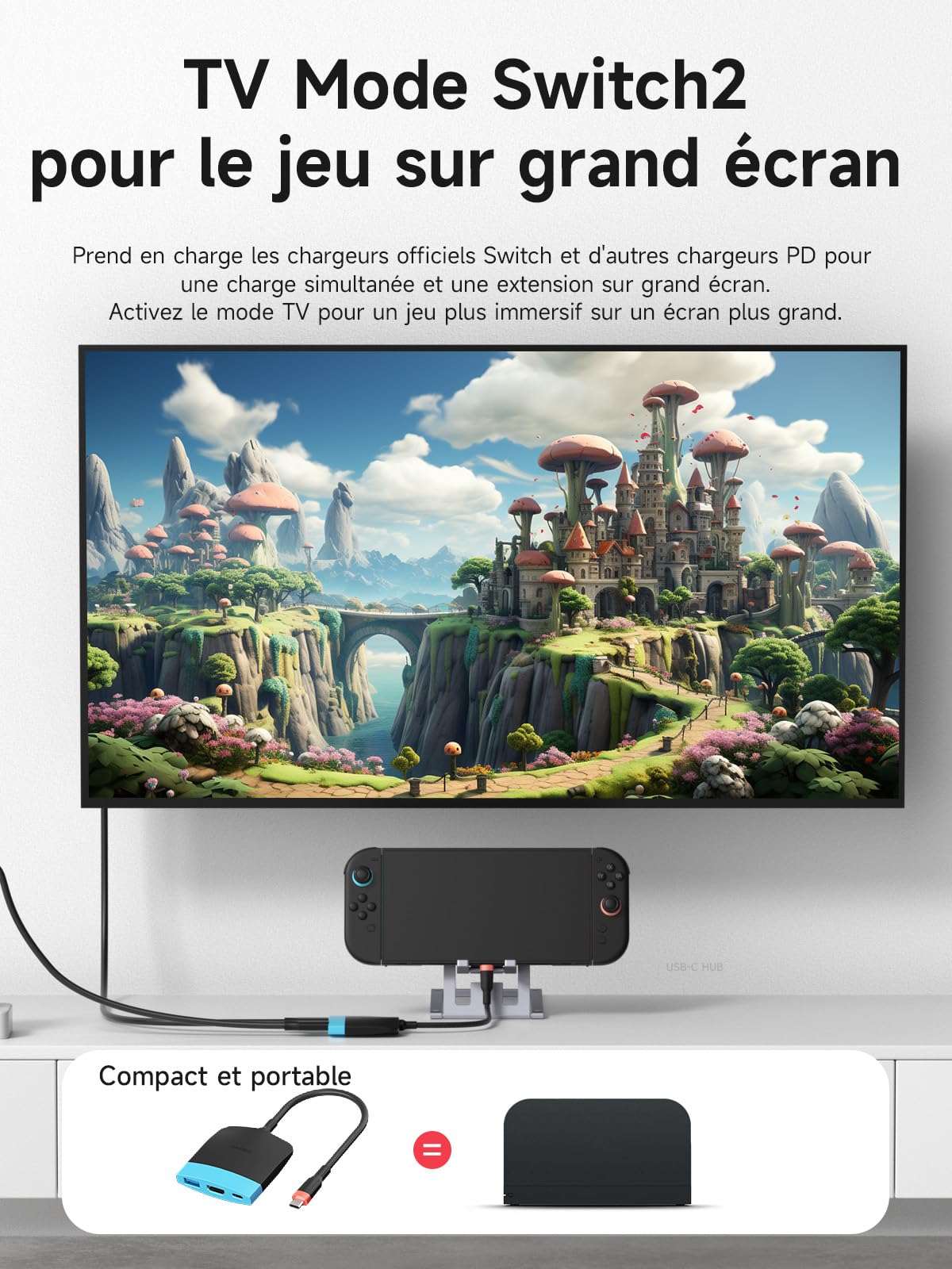 Hagibis Dock Switch2 pour Switch 1/2/OLED, Station d’Accueil TV Portable avec Charge, Dock avec HDMI et Port USB 3.0, Base de Remplacement, Adaptateur USB-C vers HDMI pour MacBook Pro/Air
