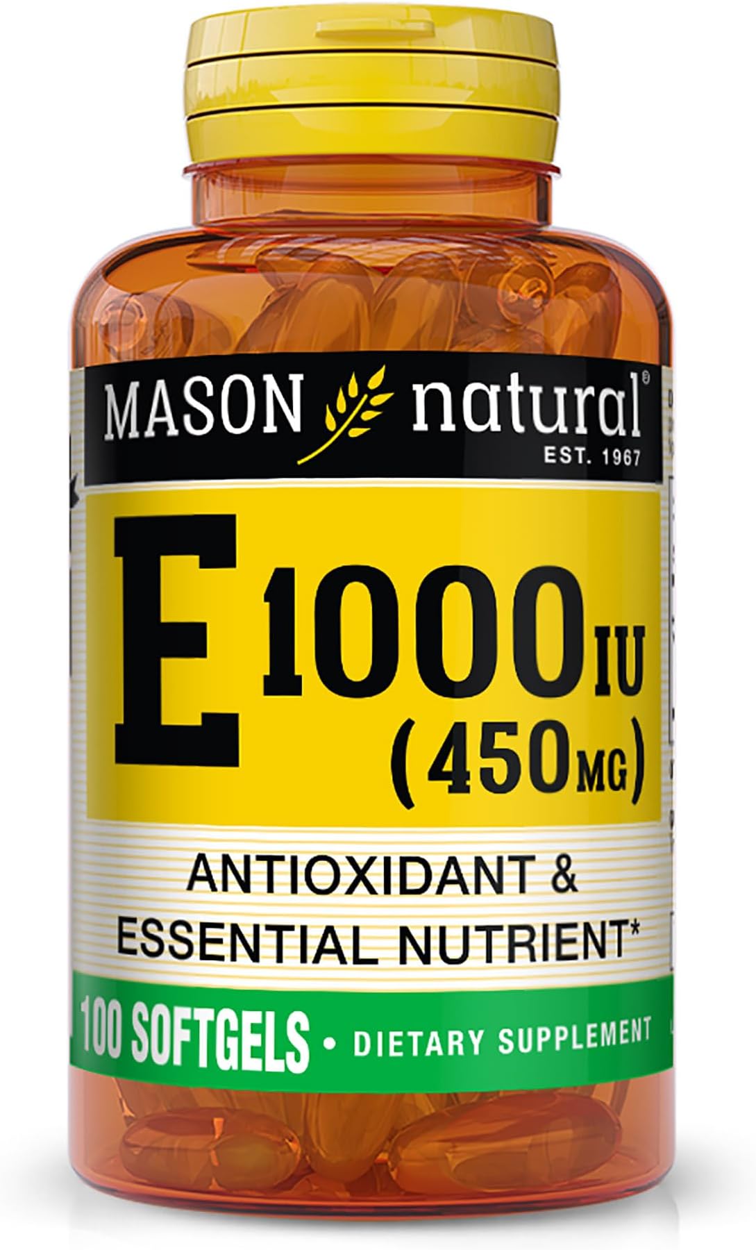 MASON NATURAL Vitamin E 450 mg (1,000 IU) - Antioxidant and Essential Nutrient, Healthy Immune System, Skin and Eyes, Whole Body Supplement, 100 Softgels