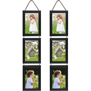 EYMPEU 10 x 15 Collage Triple Hanging Picture Frame Set Rustic 6 Open Vertical Frames Made to Display 10 x 15 cm Photo Postcard for Wall Decoration Black