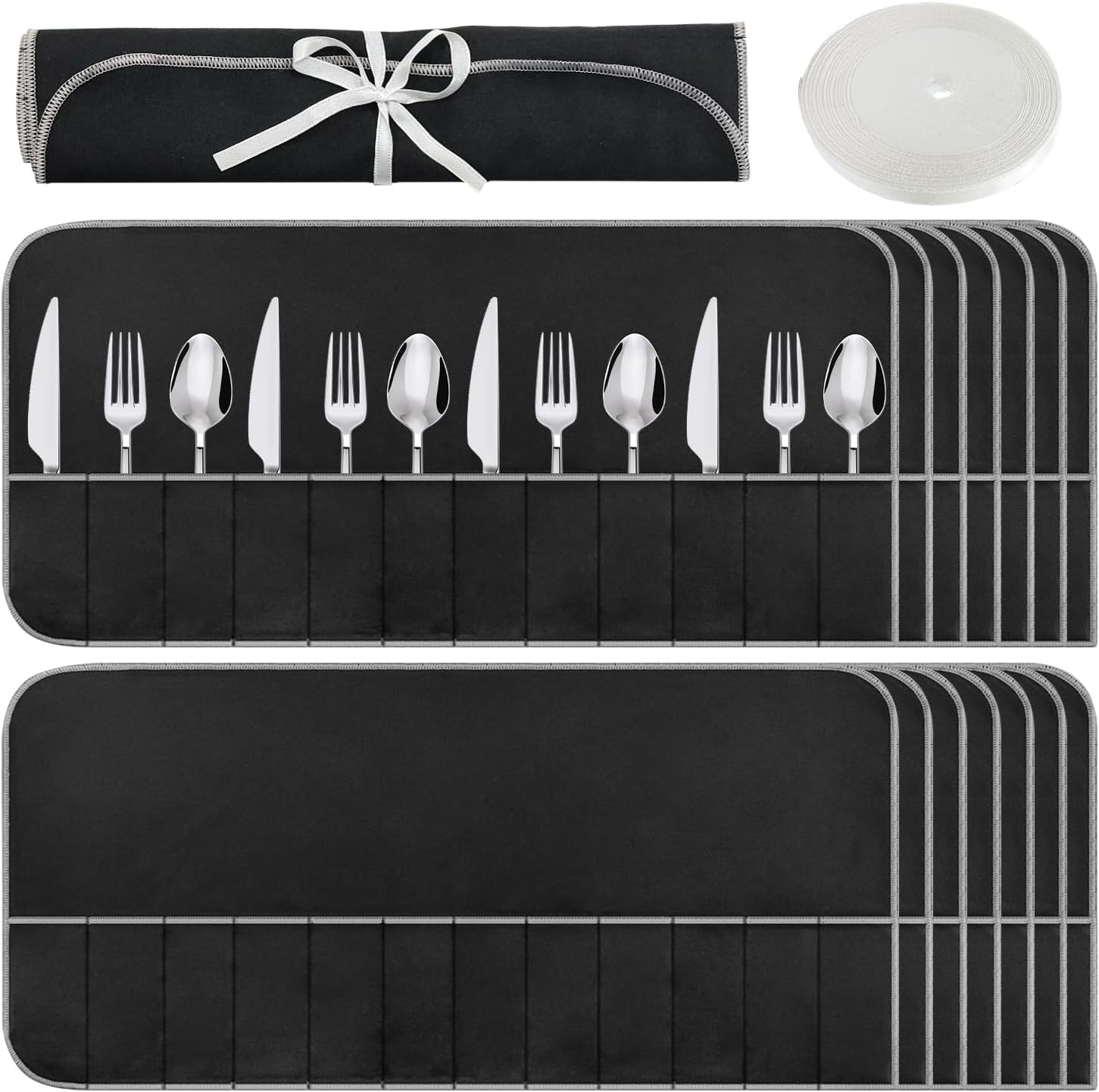 GEMLORD 12 Pack Anti Tarnish Silverware Storage Bags, Black Silver Storage Cloth Felt Flatware Organizer, Silver Protector Place Setting Roll with White Ribbon for Kitchen Cutlery Utensils (12 Slots)