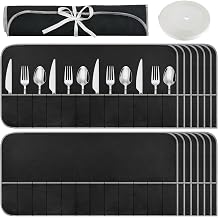 GEMLORD 12 Pack Anti Tarnish Silverware Storage Bags, Black Silver Storage Cloth Felt Flatware Organizer, Silver Protector Place Setting Roll with White Ribbon for Kitchen Cutlery Utensils 12 Slots