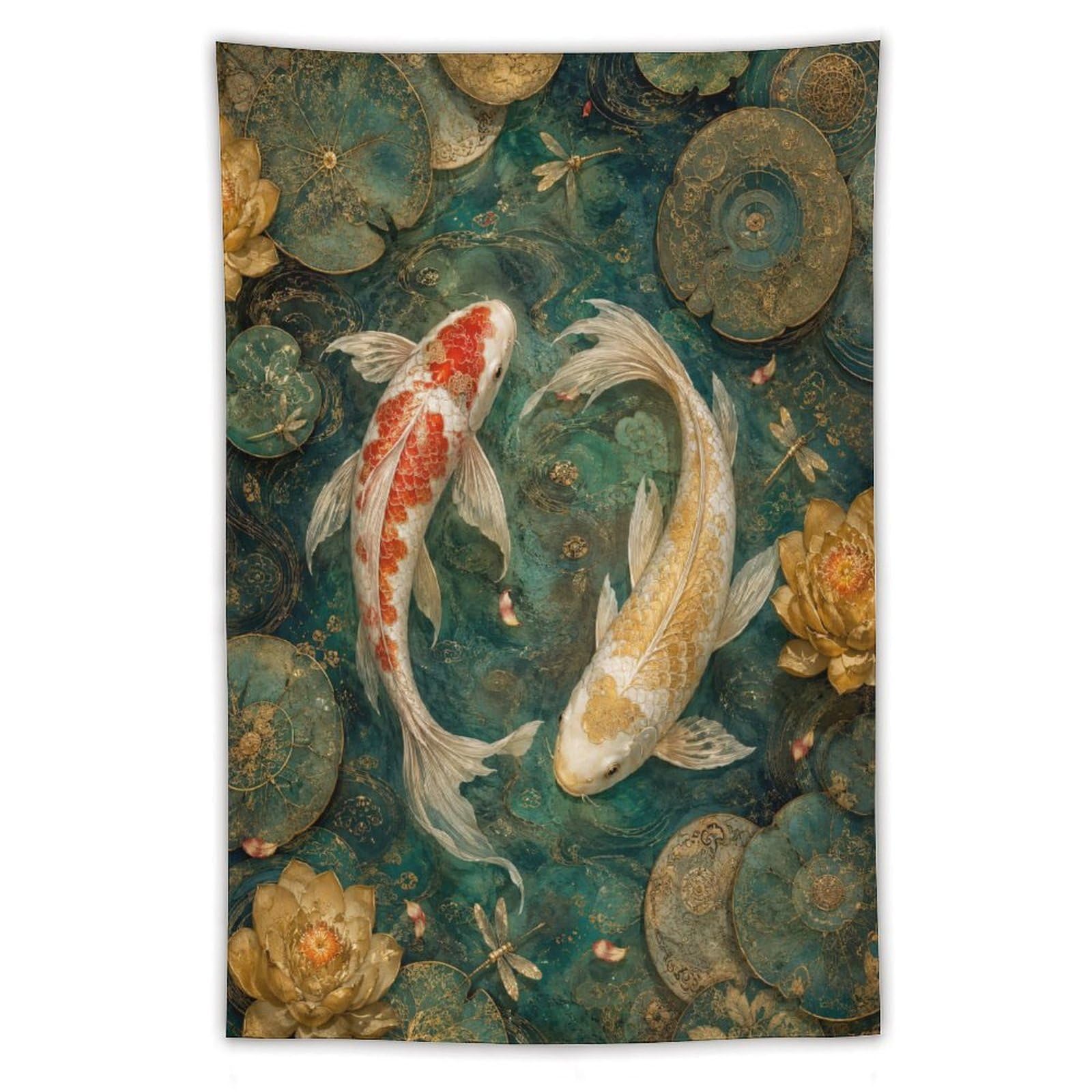 H3B8U2Y5 Koi Fish Floral Wall Tapestry, Watercolor, College Dorm