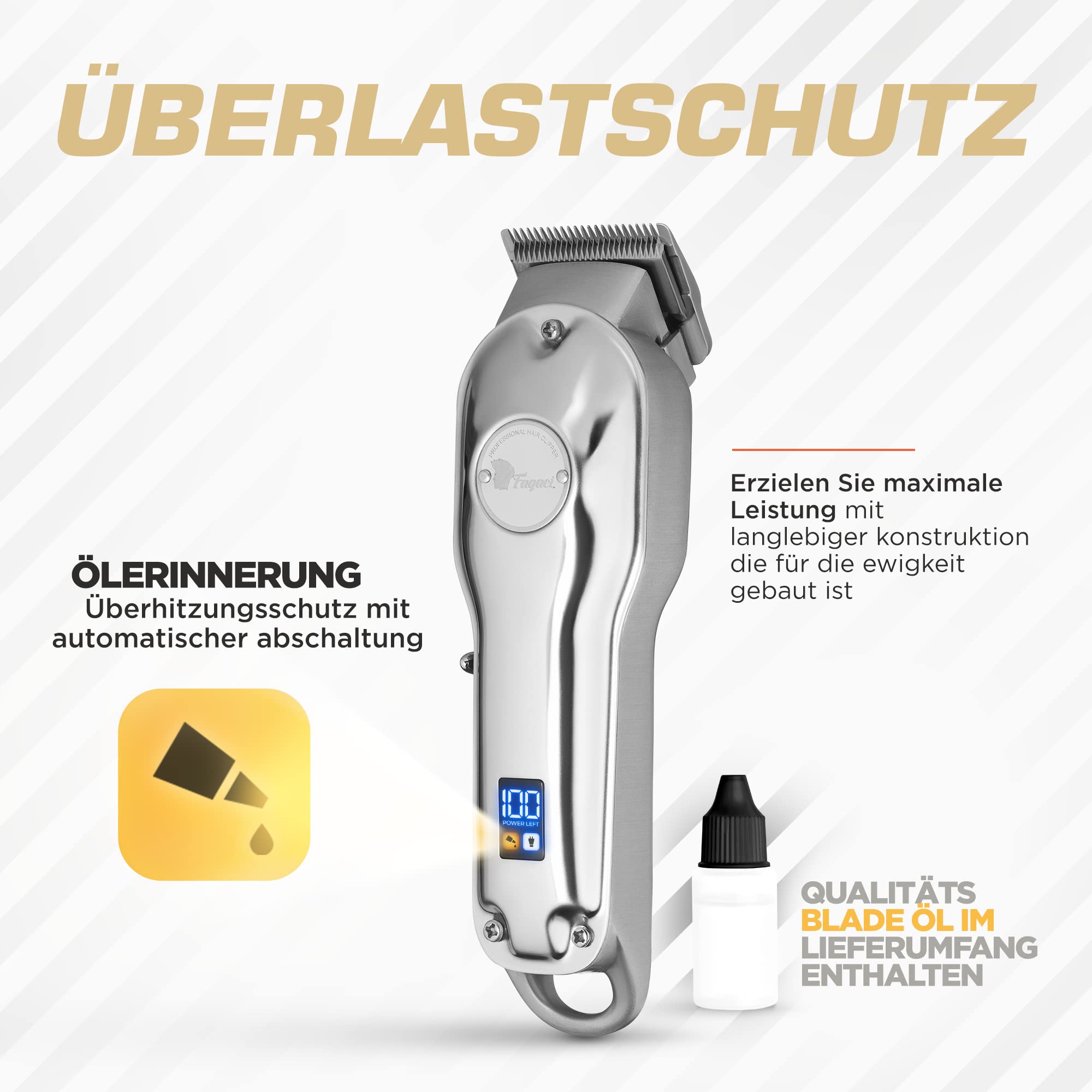 Fagaci Haarschneidemaschine Profi Herren, Edelstahl 440C Friseur Set | Kabellose Haarschneidemaschine, Edelstahl 440C, starker Motor, 5 Std. Akkulaufzeit, 8 Aufsätze, Öl, Bürste und USB-Kabel