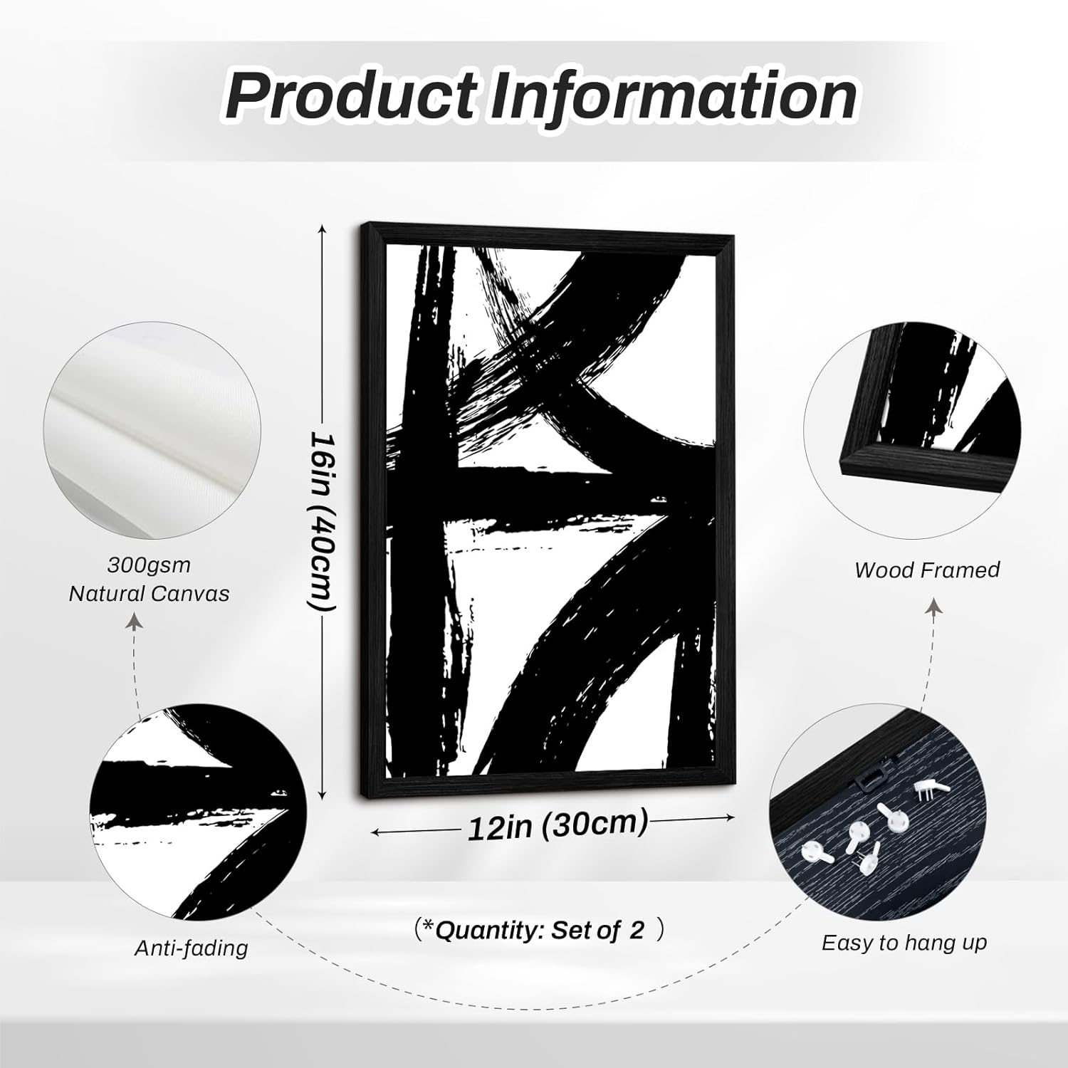 Black and White Wall Art Abstract Modern Painting Minimalist Line Canvas Wall Art Decor Black And White Poster Abstract Artwork Prints for Living Room Bedroom 12x16 Inch Wood Framed Set of 2