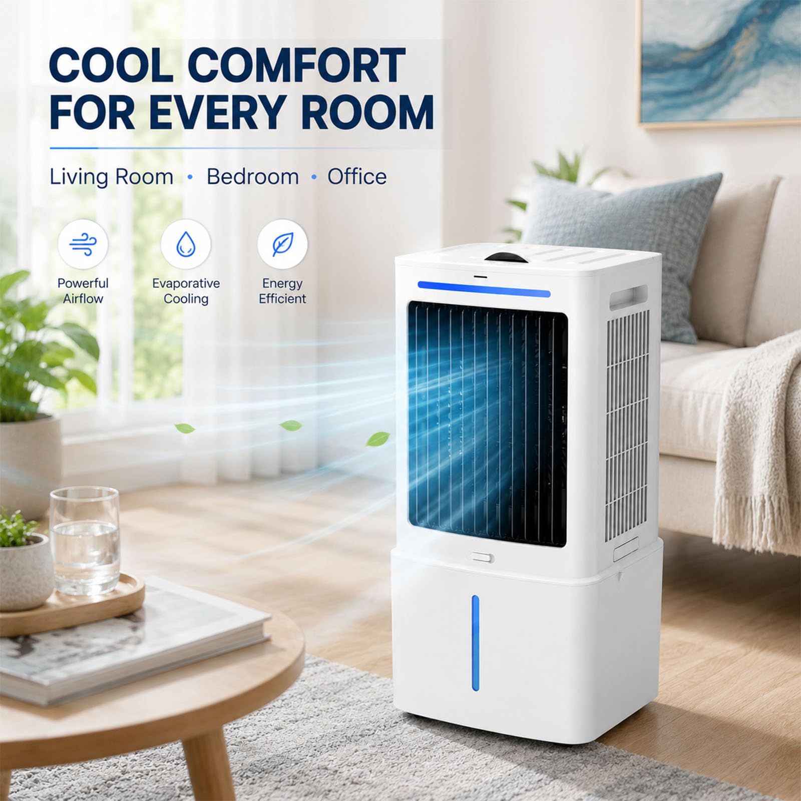 Raffrescatore Evaporativo 25L Lunga Durata, Ventilatore ad Acqua con Telecomando, Climatizzatore Portatile ad Aria Fredda con Timer 12 Ore, per Grandi Stanze, Sale Riunioni, Loft e Saloni