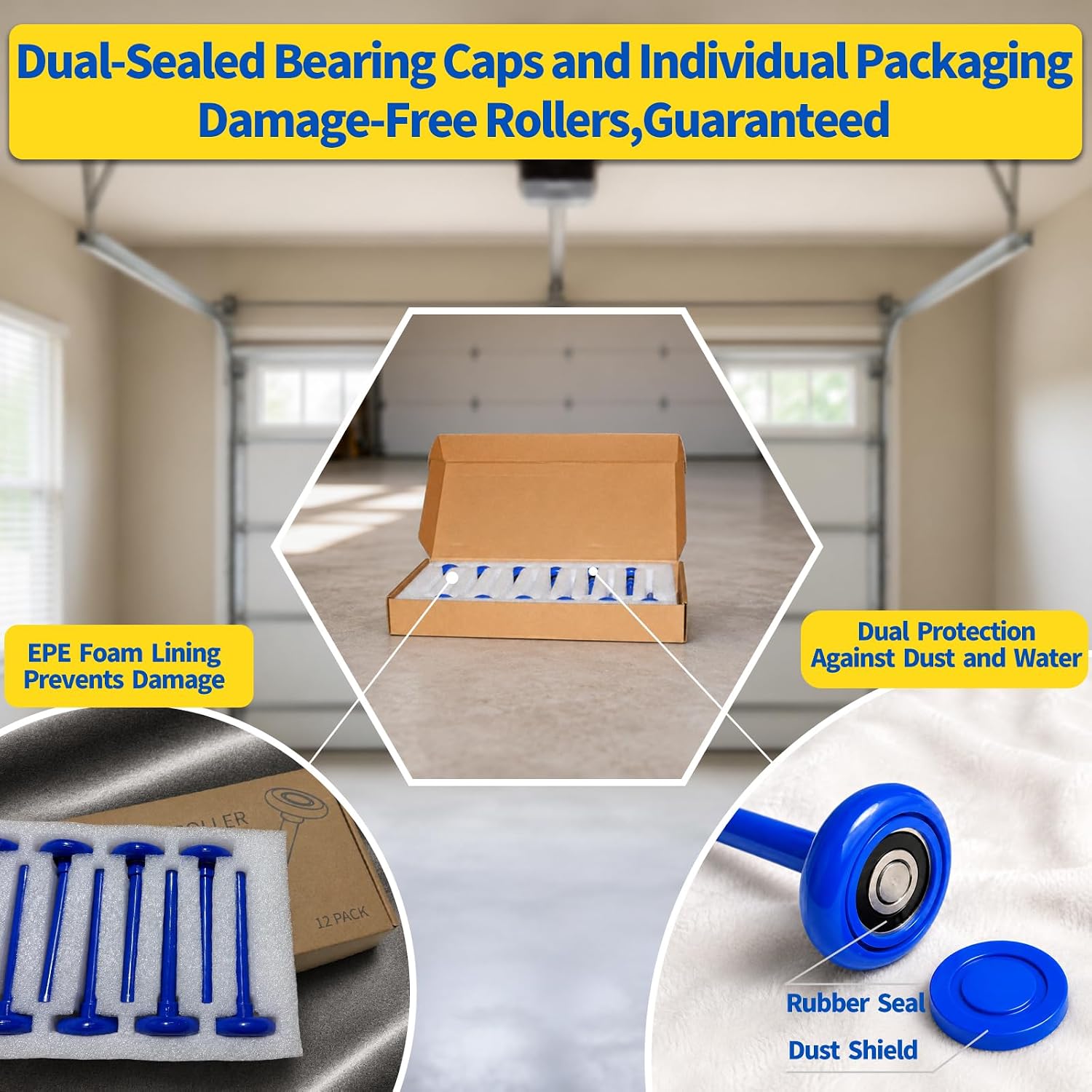 Garage Door Rollers 12 Pack, Quiet 2" Nylon Replacement Wheels for 2" Track | Upgrade to quiet, cut noise 90%. Blue finish. 6200-2RS rubber seals block dust. Strong stem fits residential 2" tracks.