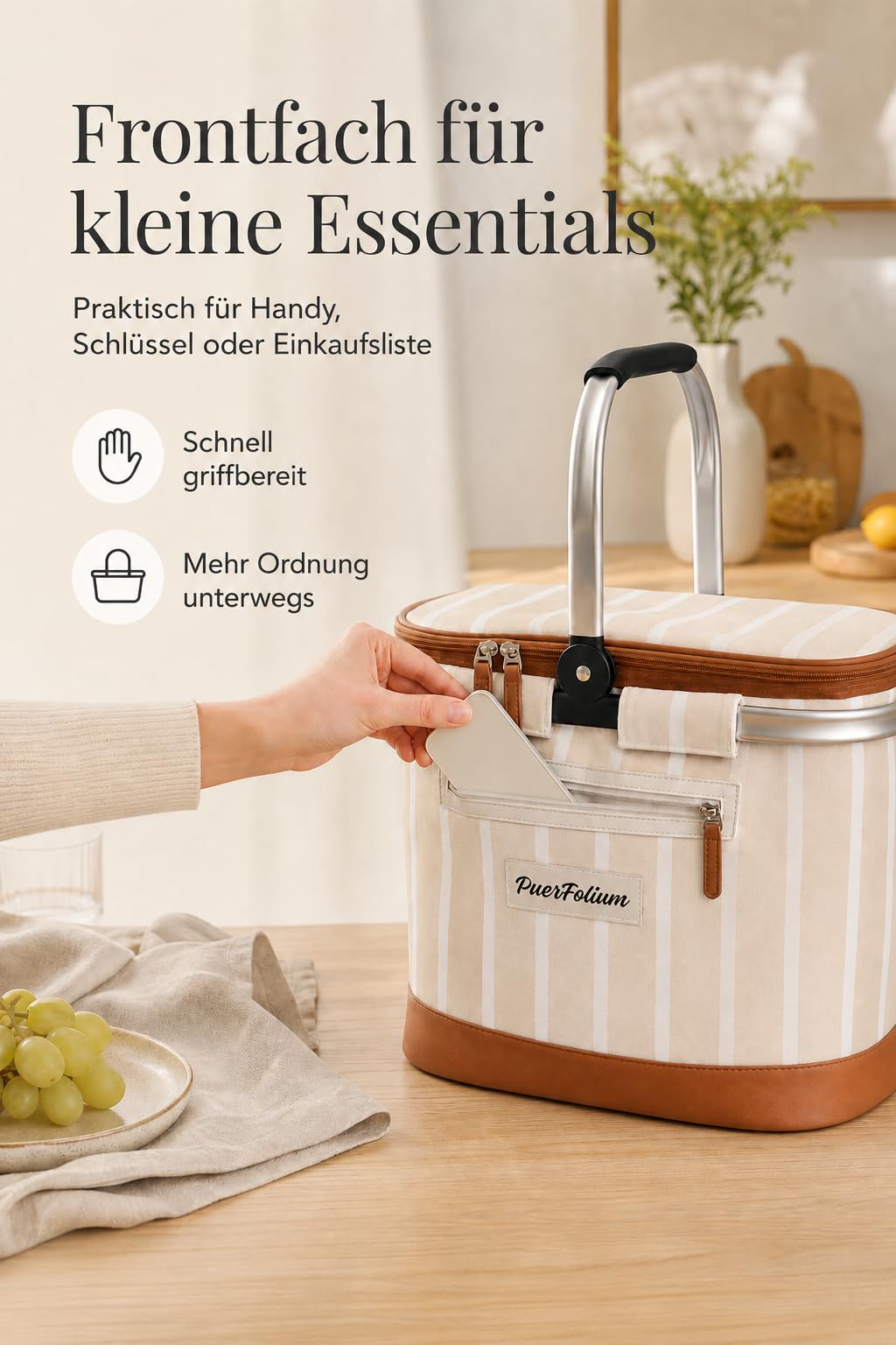 Kühltasche Einkaufskorb Kühlkorb 20L Faltbar Isoliert Thermo mit Deckel Reißverschluss Abnehmbarer Picknickkorb Aluminiumrahmen Thermokorb Schultergurt verstärkt für Einkauf Picknick Beige