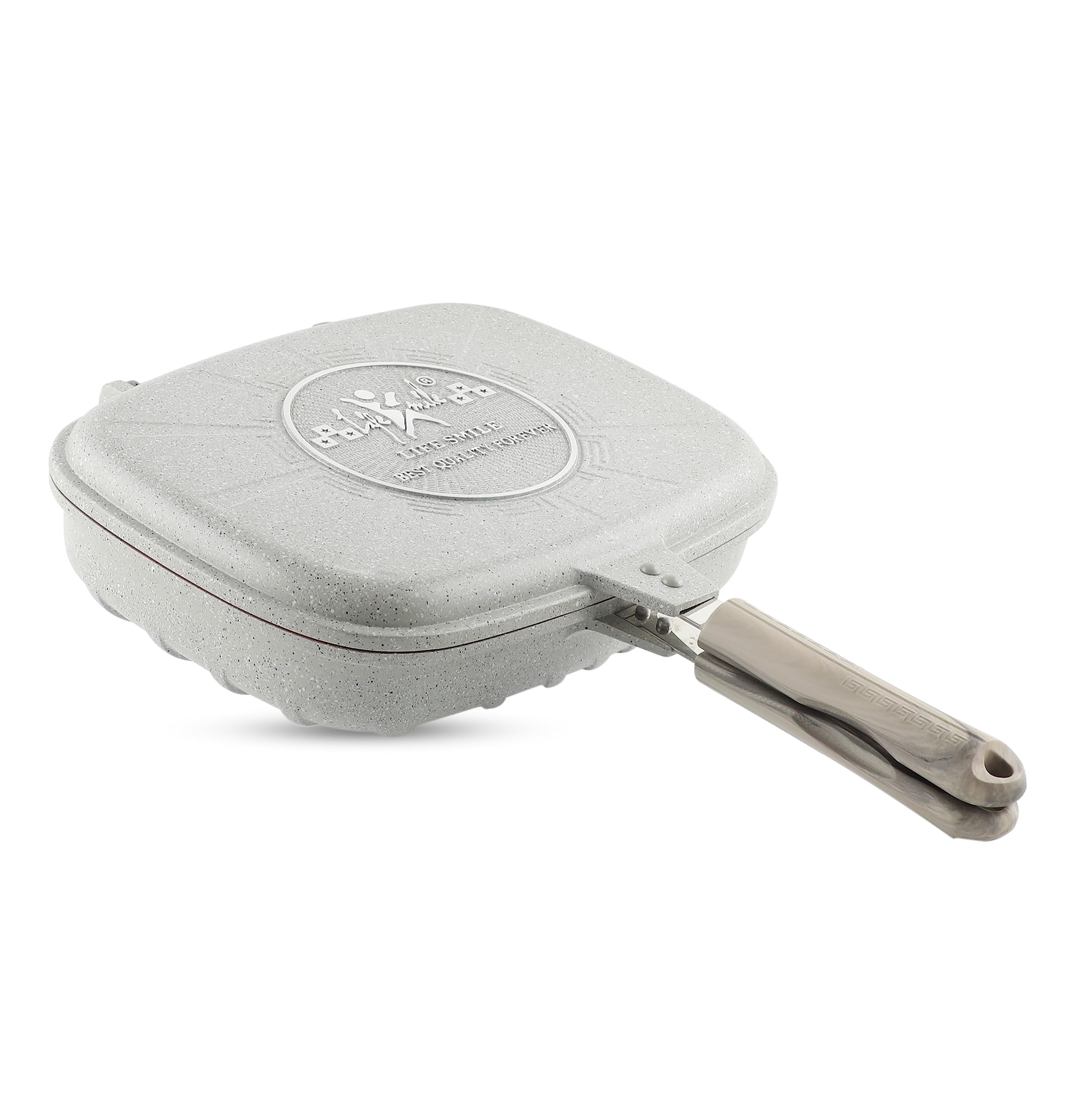 LIFE SMILE32 cm Smart Double Grill Pan - 5 Layer Granite Non-Stick Coating With Magnetic Handle - Flipping Grill Frying Pan | Multiple Hob Compatibility (Light Grey)