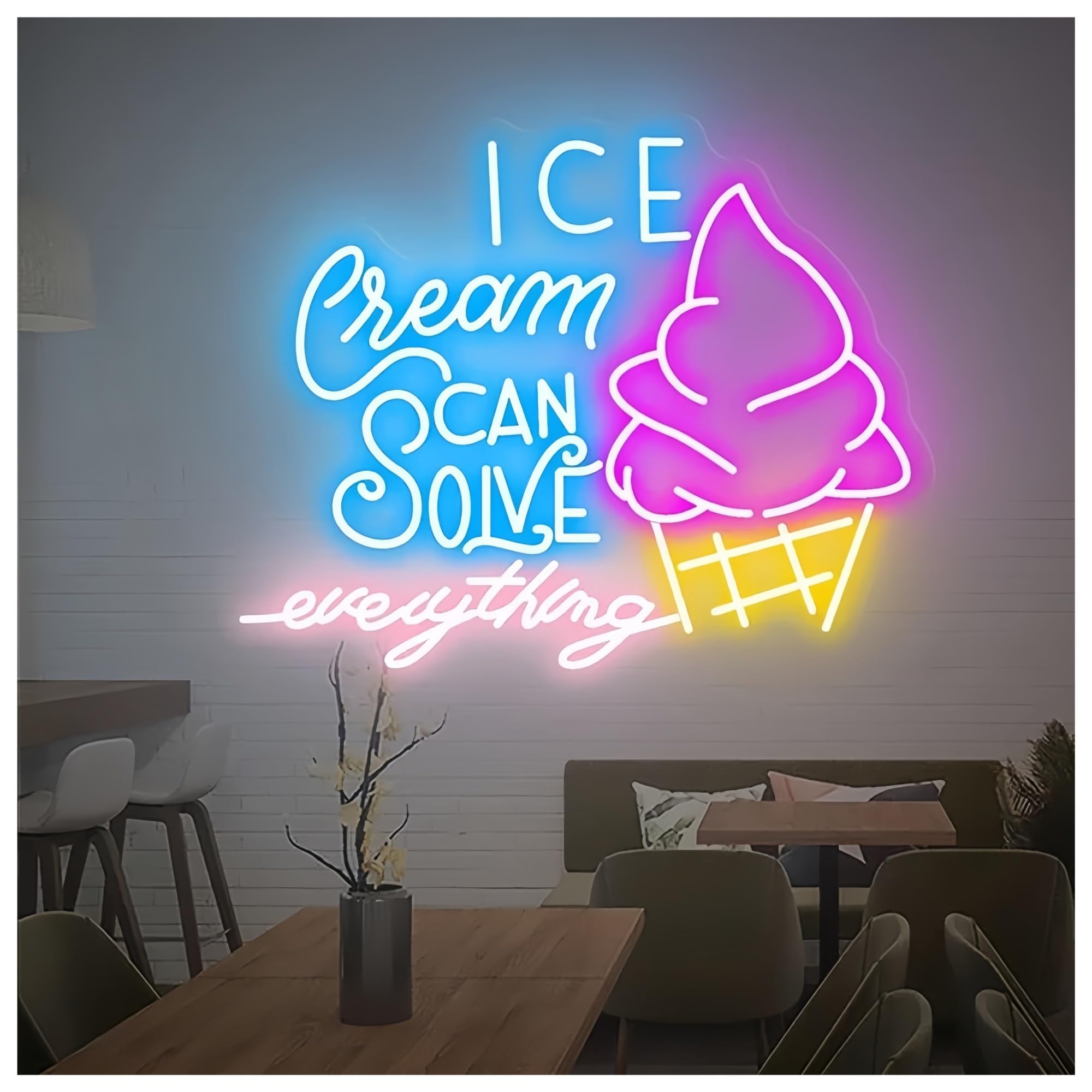 SHOUXI Sign Lamp Ice Cream Solves Everything Neon Sign Ice Cream Store Wall Decor Neon Sign Cafe Bar Decoration Neon Light(B,55CM)