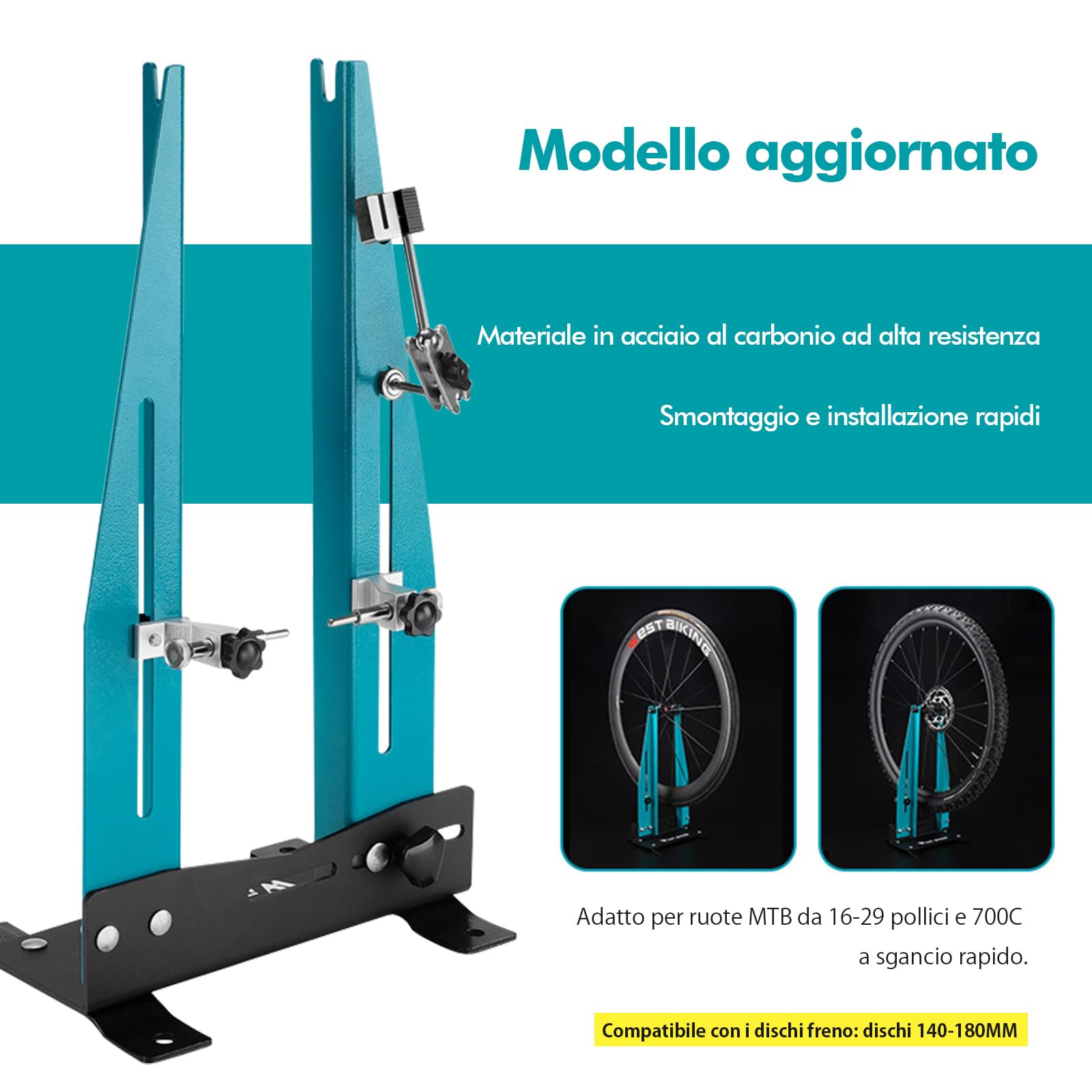 Mimoke Supporto di centraggio per bicicletta per ruote da 16 a 29" con asta per asse continuo. Adatto per allineamento dei cerchi e larghezza delle ruote da 90 a 150 mm