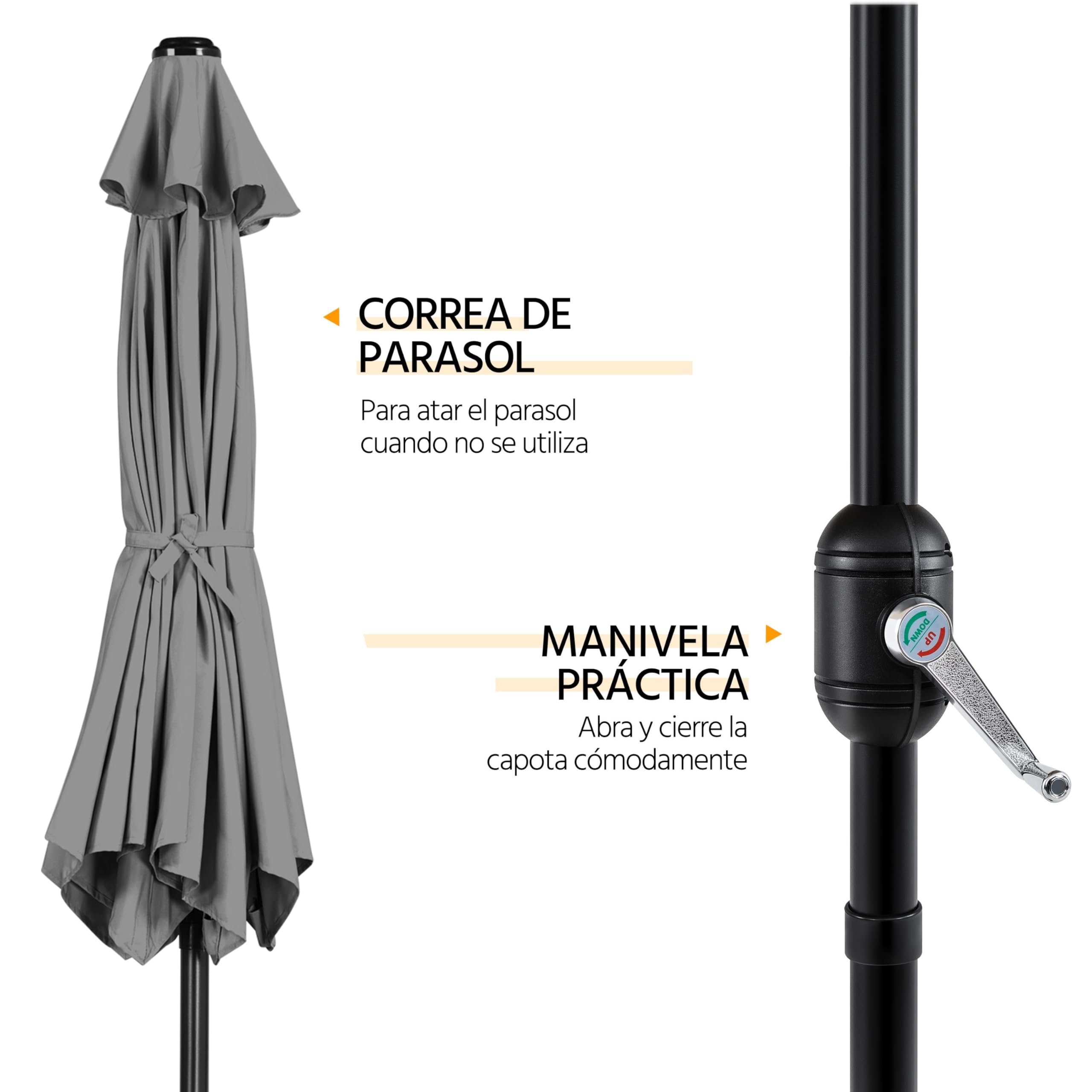 Yaheetech Sombrilla de Jardín con Manivela Inclinable Ø270x241cm Protección UV Columna de Hierro 6 Varillas de Metal para Terraza Exterior Balcón sin Soporte Gris