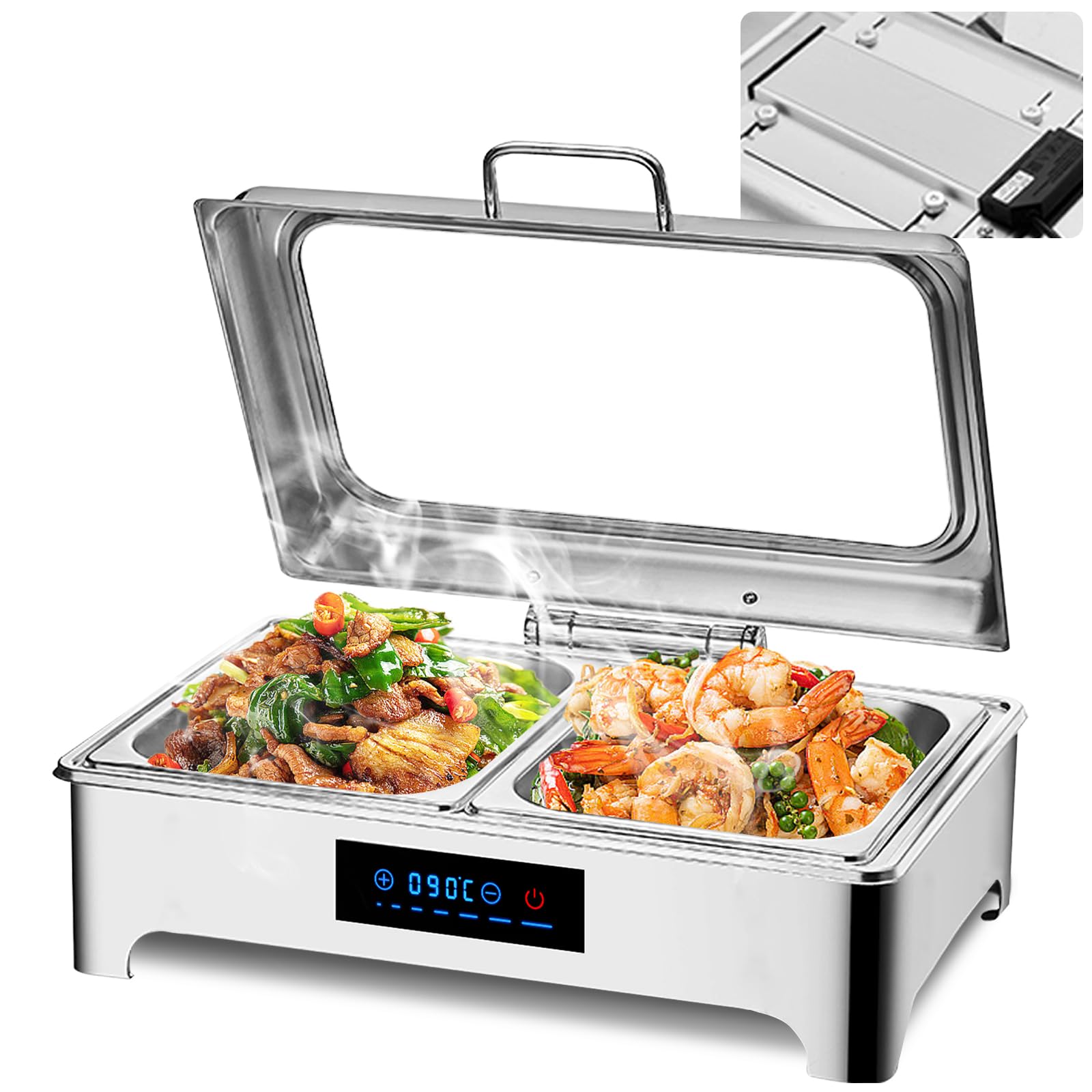 Chafing Dish Elettrico, Professionale Scaldavivande Elettrico per Buffet, Piastra Riscaldante Rimovibile, Temperatura Regolabile 35-90℃, 9L, 400W 220V, Acciaio Inossidabile (1/2)