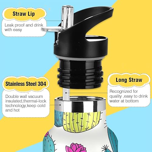 Miniatura 3 de Botella de agua reutilizable con aislamiento al vacío de doble pared para viajes y deportes, diseño de cactus de dibujos animados, verde y blanco, a