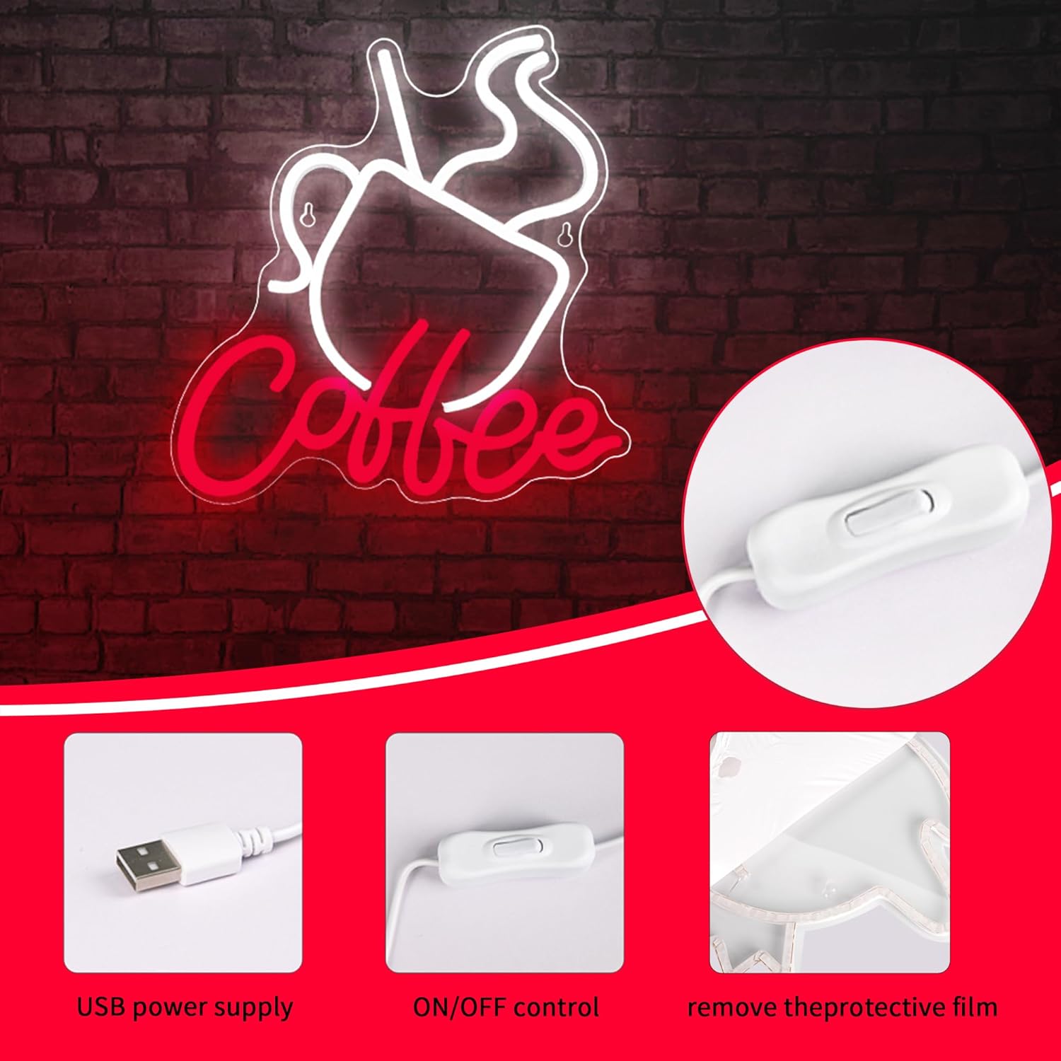 Coffee Neon Sign for Wall Decor Coffee LED Neon Light for Business Sign Led Lights for Cafe Station Store Bistro Cafe Bar Shop Restaurant Shop Party Kitchen Art Wall Decor Size 12.0 * 12.7in(XD080)