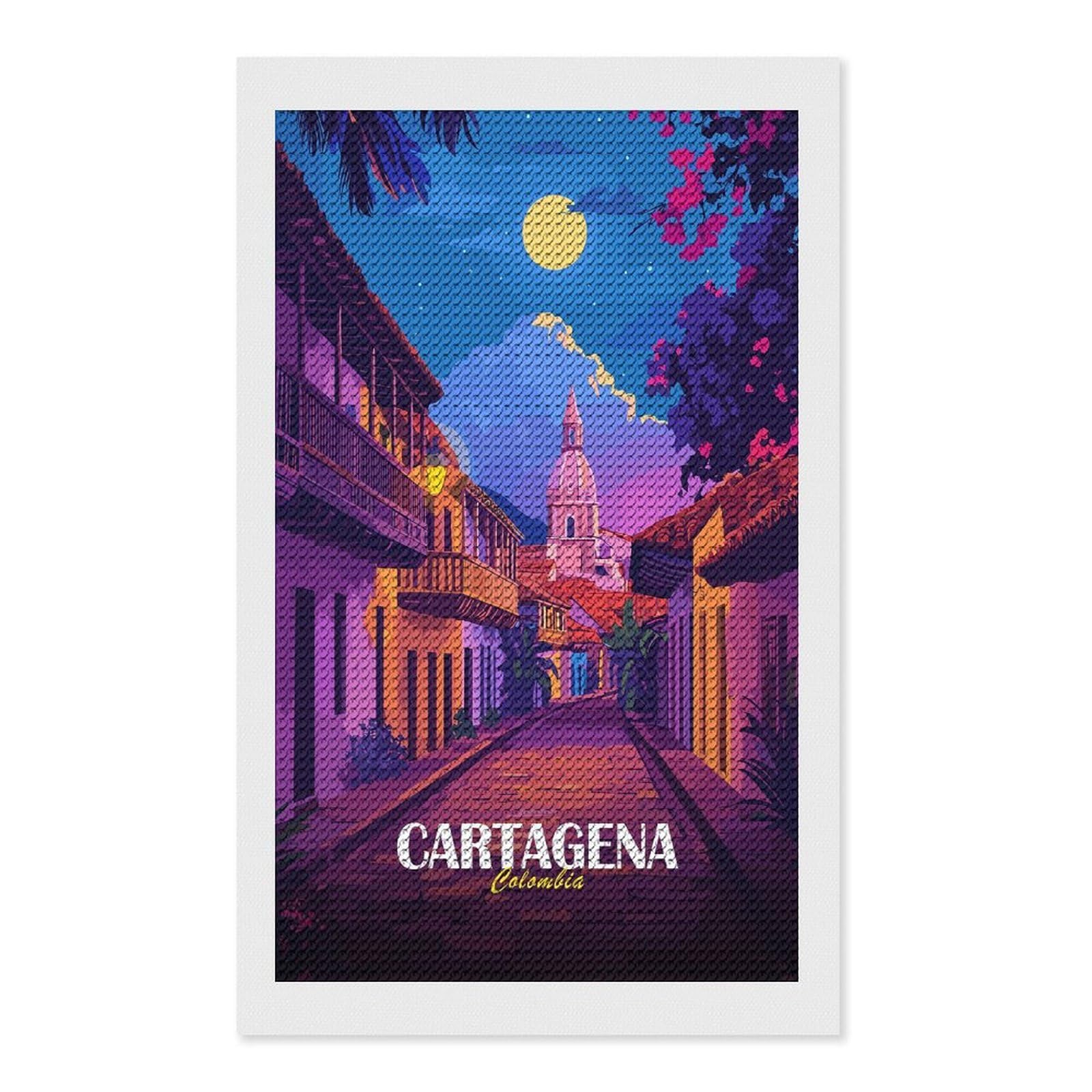 Junmoney Cartagena Colombia Street View Illustration Diamond Painting Kit 12"x20", Easy Handmade Project, Easy to Enjoy, Aesthetic Room Decor, Christmas Gift