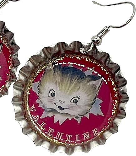 Miniatura 2 de Vintage Valentine Kitten, Bottle Cap Earrings, Retro Jewelry