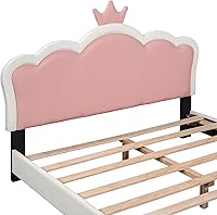 Vista 54 de Elegante cama de princesa tapizada de tamaño individual con cabecera corona, plataforma de piel sintética con soporte resistente de listones