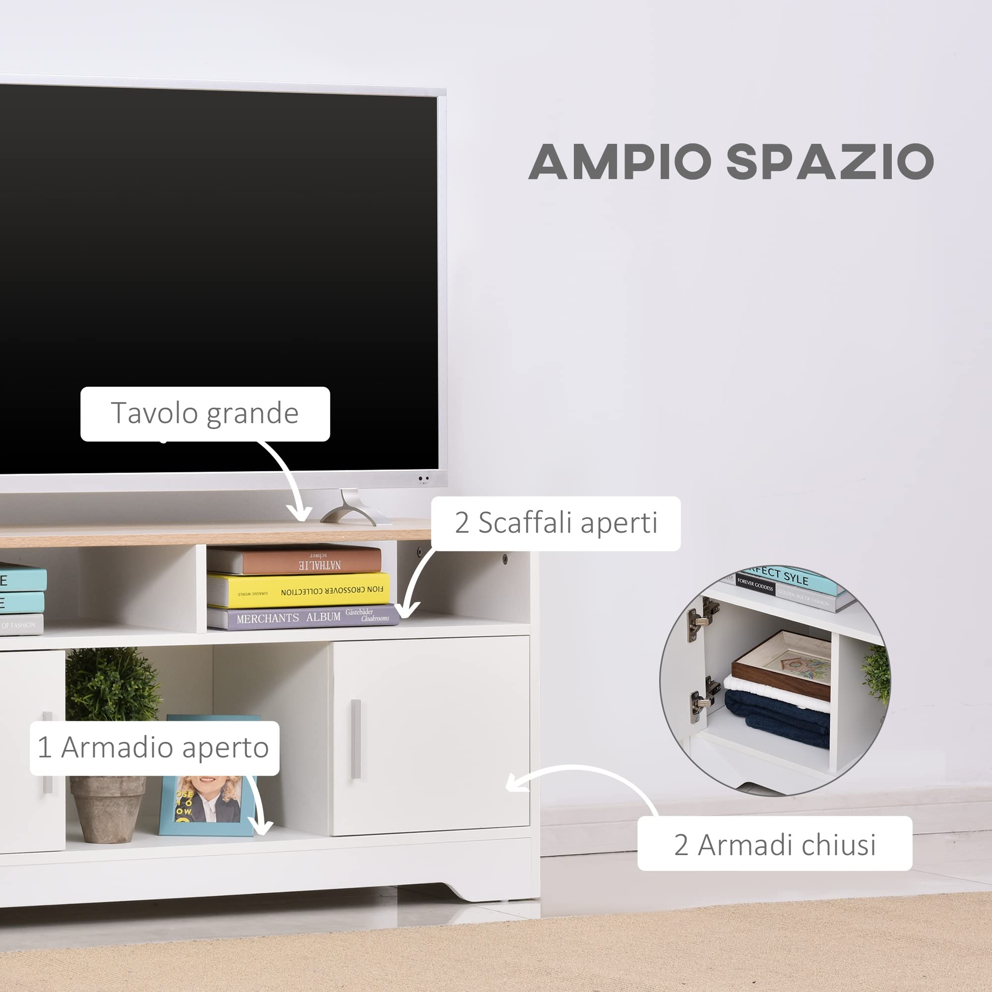 HOMCOM Mobile TV con 3 Scomparti Aperti, 2 Armadietti e Piano d'Appoggio, Mobile per TV fino a 50" in Truciolato, 105x40x52cm, Bianco e Legno