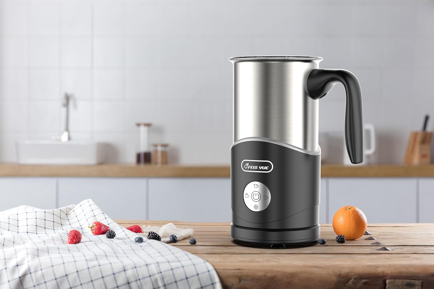 Electric Milk Frother, Stainless Steel Automatic Milk Steamer with 4 Functions, Ergonomic Handle, One-Button Operation for Hot Milk, Hot Chocolate, Hot and Cold Milk Foam