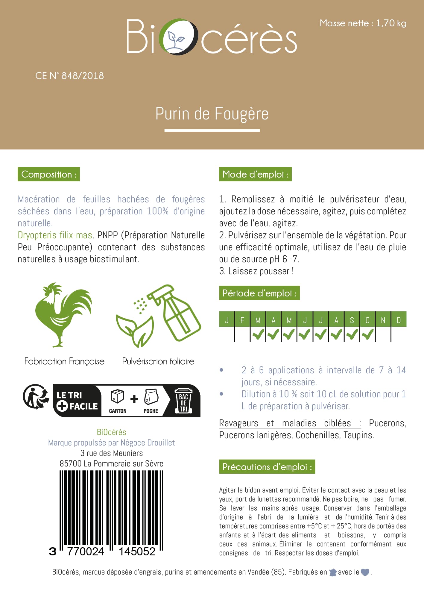 Purin de Fougère concentré à diluer – 1,5 L – Répulsif naturel et biologique contre les ravageurs des arbres fruitiers et du potager, 100% Naturel et Utilisable en Agriculture Biologique