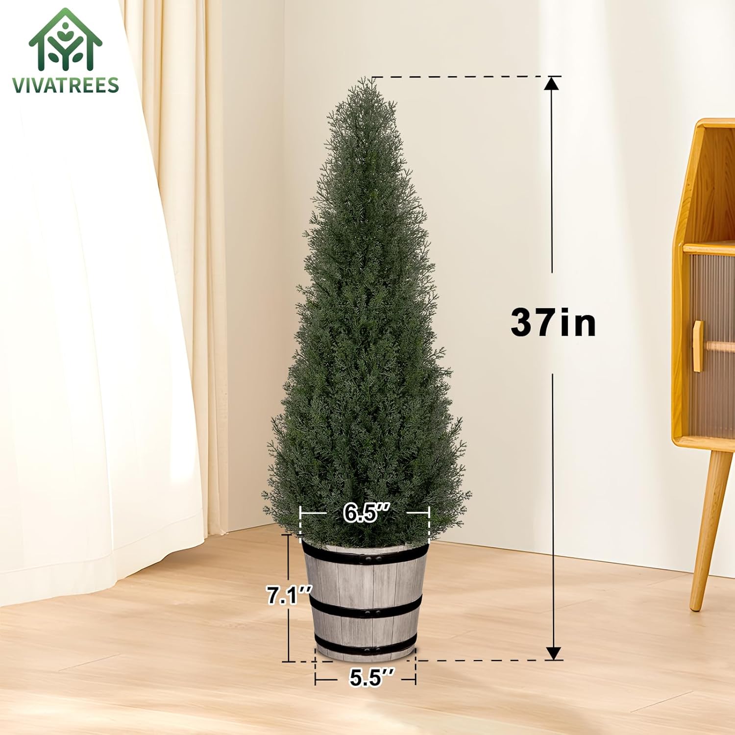 VIVATREES 2Pack 3ft Outdoor Artificial Cedar Topiary Trees - Faux Pine in Distressed Oak-Look Planters, for Symmetrical Porch & Entryway Decor