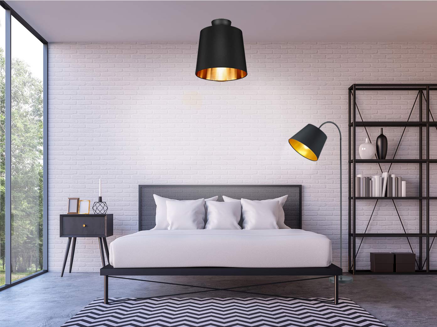 meineWunschleuchte Steh-Lampe gebogen Schwarz Gold mit Stoff Lampenschirm | Höhe 156cm, E27, mit Fußschalter, klassische Stehleuchte, für Wohnzimmer & Schlafzimmer, gemütliche Beleuchtung