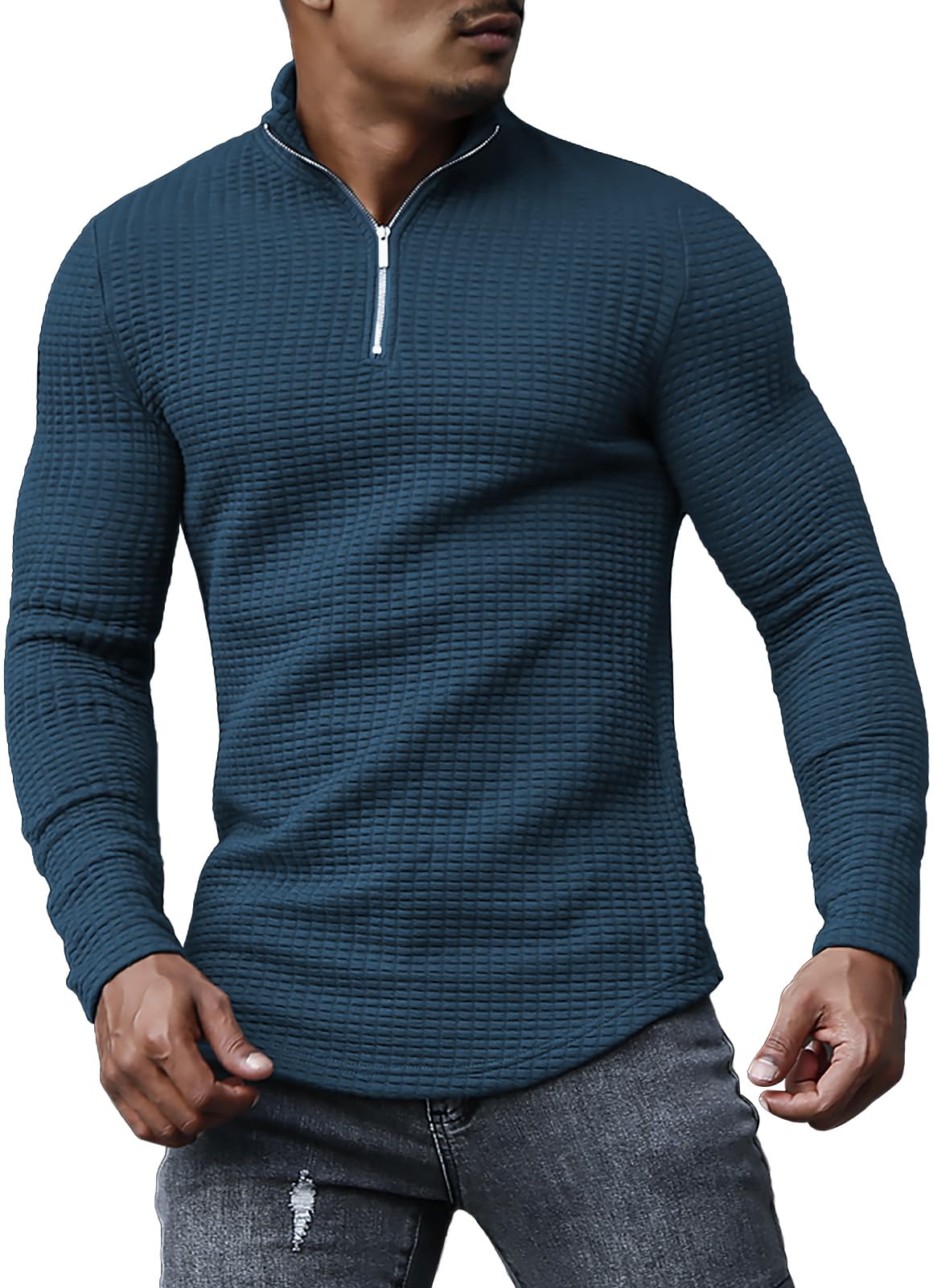 Polo Shirts for Men Zipper Slim Fit Shirt Long Sleeve Casual Stretch Knitted Zip Waffle T-Shirt