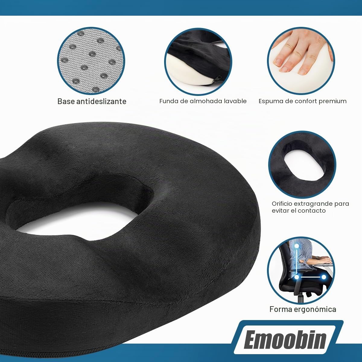 Cojín de Espuma viscoelástica Donut para Silla de Oficina, Coche y Silla de Ruedas, 45 cm, Color Negro