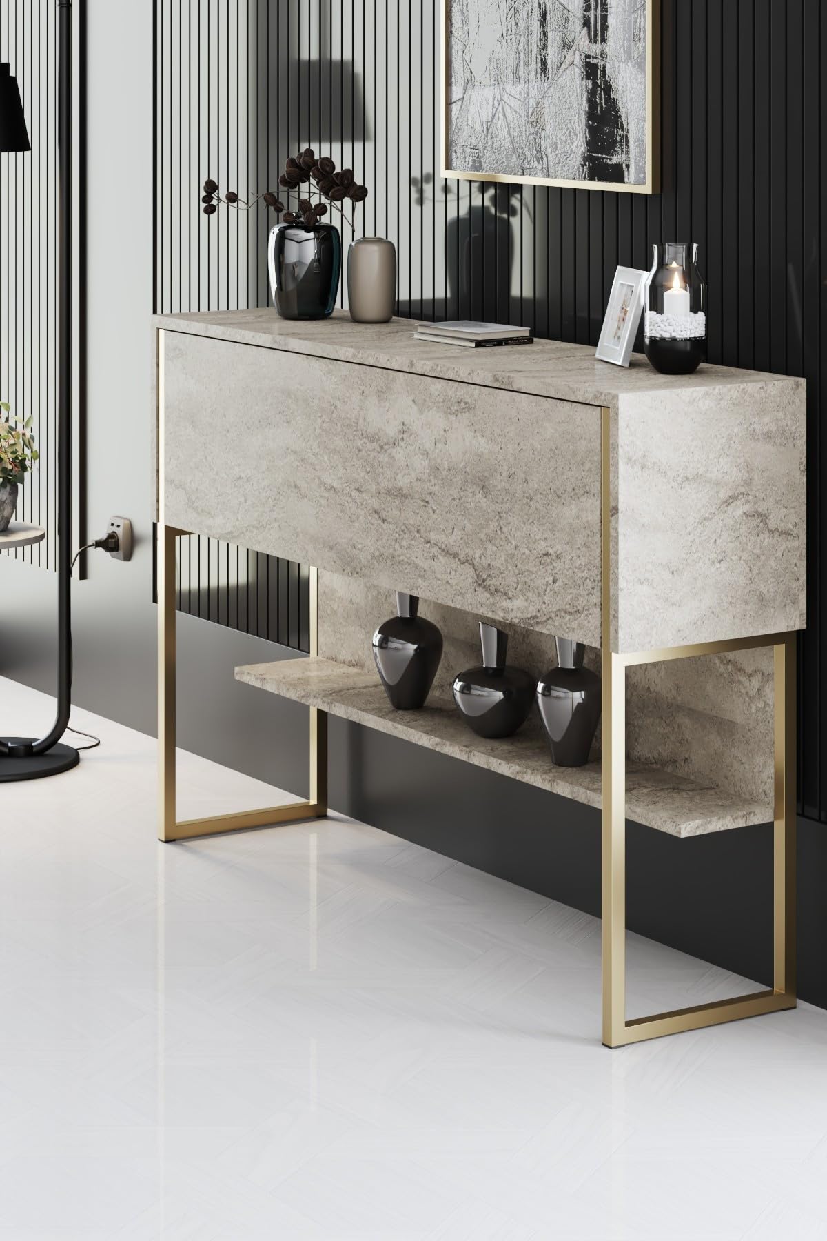 Holzkonsole "Luxe" - 120 x 30 x 80 cm - Travertin Gold