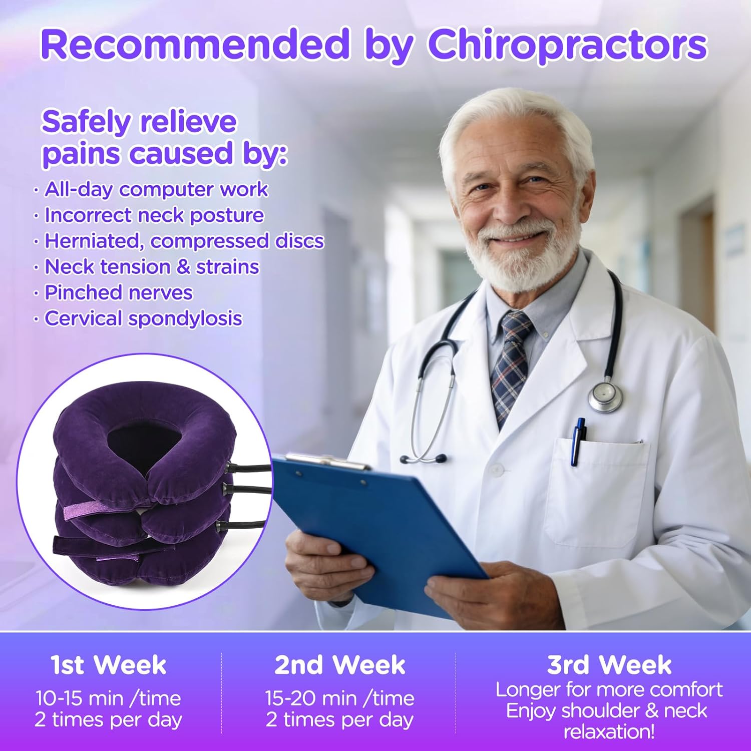 Cervical Neck & Vertebra Traction Device for Neck Pain Relief, Adjustable Inflatable Neck Stretcher Pillow for Neck Tension Relief Decompression Neck Brace Pump with carrying bag purple color - Image 4