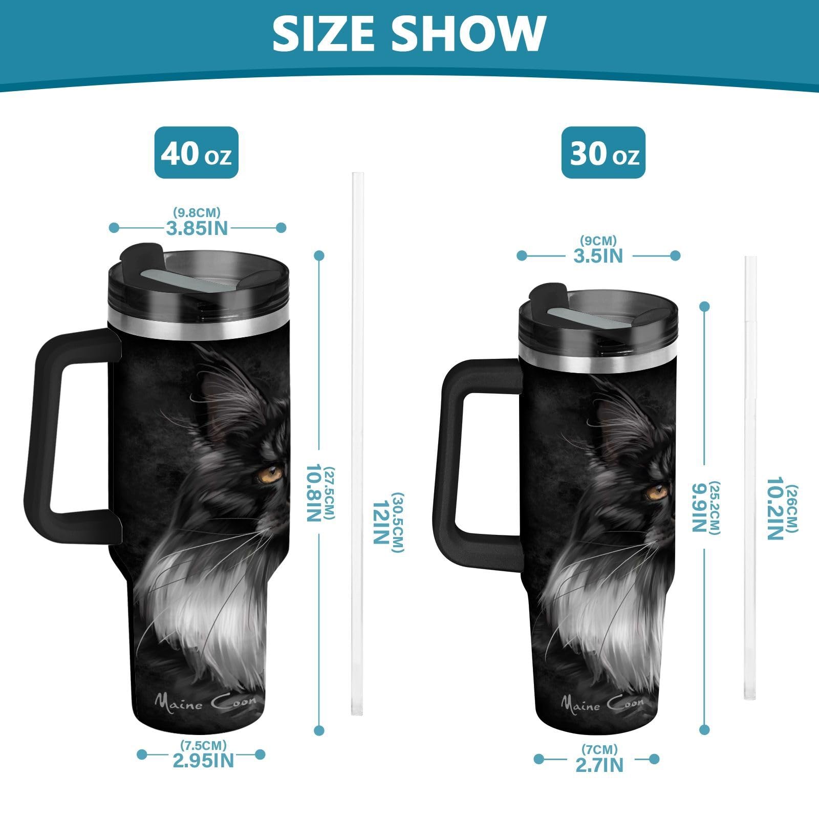Isolierter Trinkbecher, schwarz, Maine Coon Katze, doppelwandig, Edelstahl, Wasserflasche, Kaffeetasse, Reisebecher mit Griff, Strohhalm-Deckel