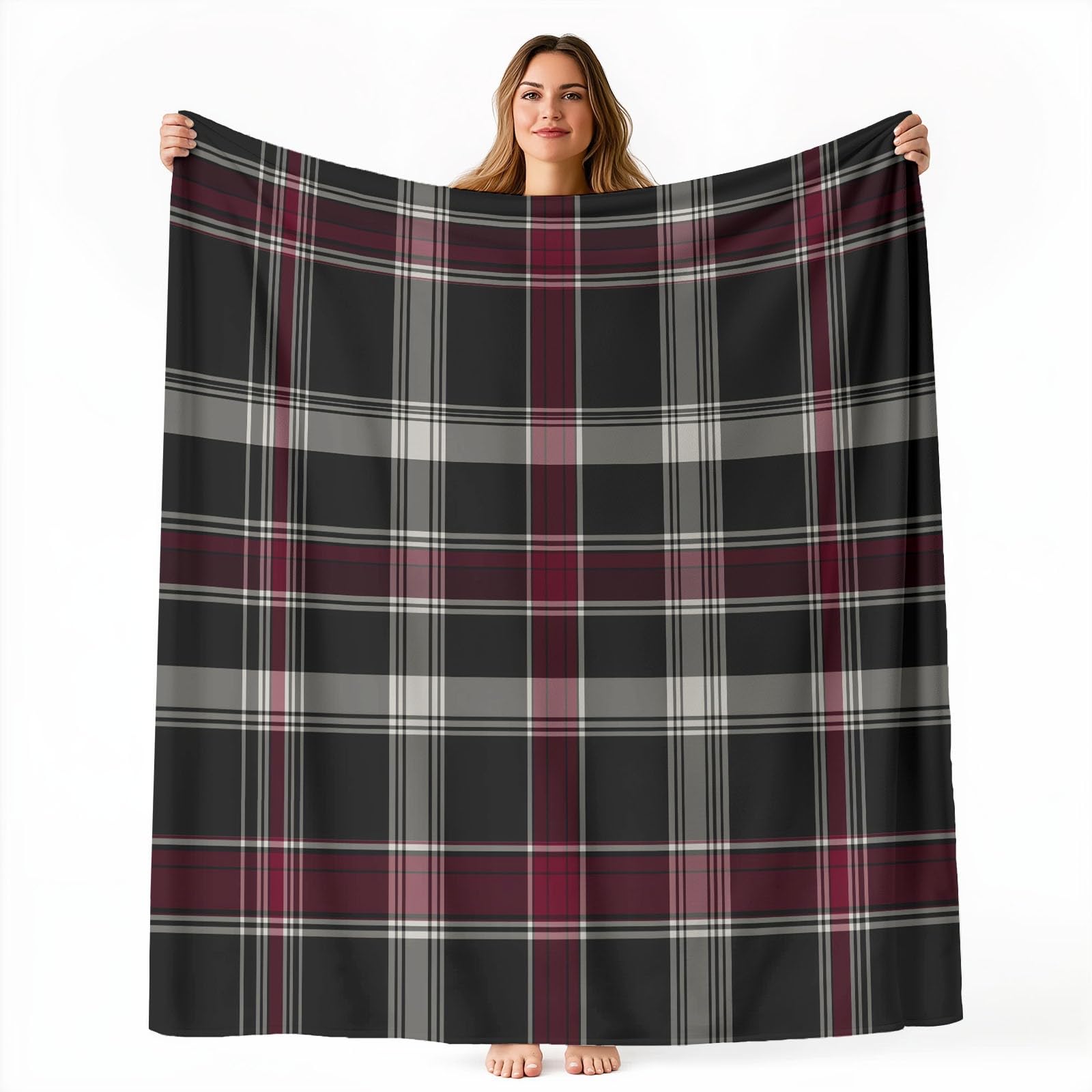 Nadruk Ciemnoszary koc polarowy, prosty puszysty wzór w szkocki, przytulny flanelowy koc dla nastolatków i dorosłych, 220 x 238 cm, na łóżko na sofę