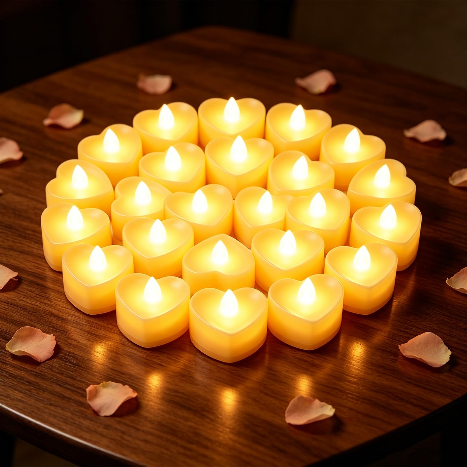 24 Pack Heart LED Tea Lights,Battery Operated Flameless Candles with Warm White Flickering Light,Realistic Electric Tea Light Candles for Wedding,Valentine's Day,Christmas,Party,Table&Home Decorations