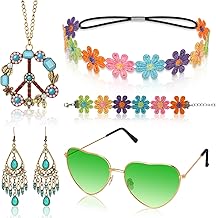 Hippie Accessories, Pack of 5 Hippie Costume Women's Accessories, Flower Power Accessories for 70s Clothing, Peace Chain, Hippie Glasses, Clothing Women, Jewellery