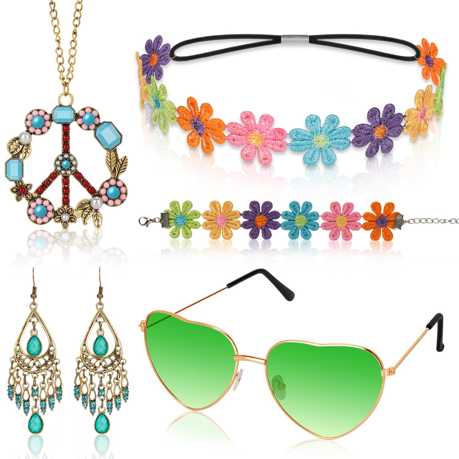 Alintor Hippie Accessoires Set, 5 Stück mit Peace Kette, Brille, Ohrringe, Stirnbänder und Armbänder für 70er Jahre Flower Power Kostüm, Hippie Kostüm Damen, Grün