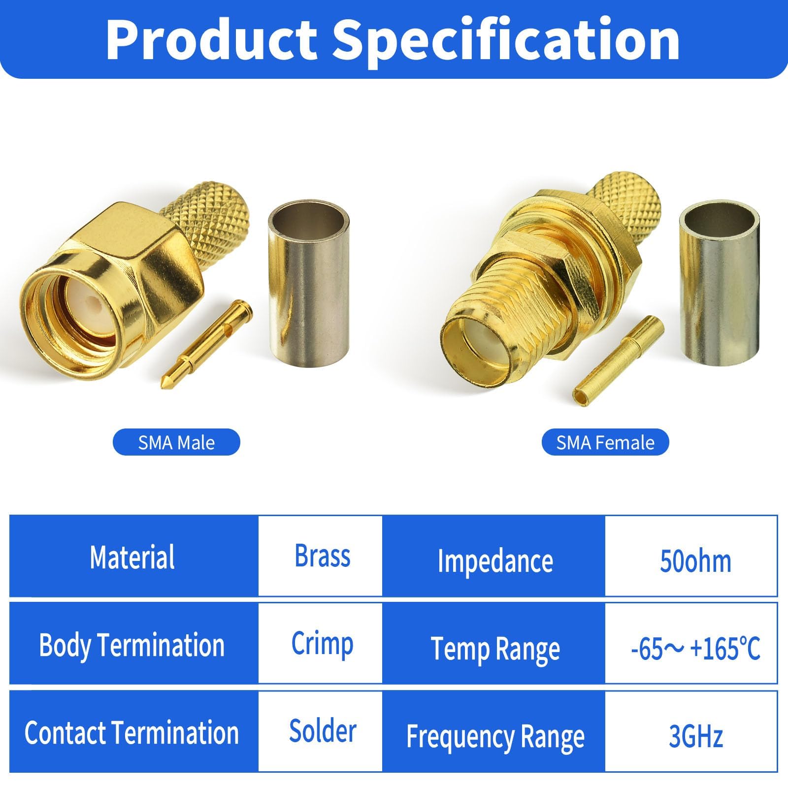 Superbat Kit Connettori RPSMA 10 Pezzi Maschio Femmina Crimpare Saldare 50 Ohm RF Cavo Coassiale RG58 LMR195