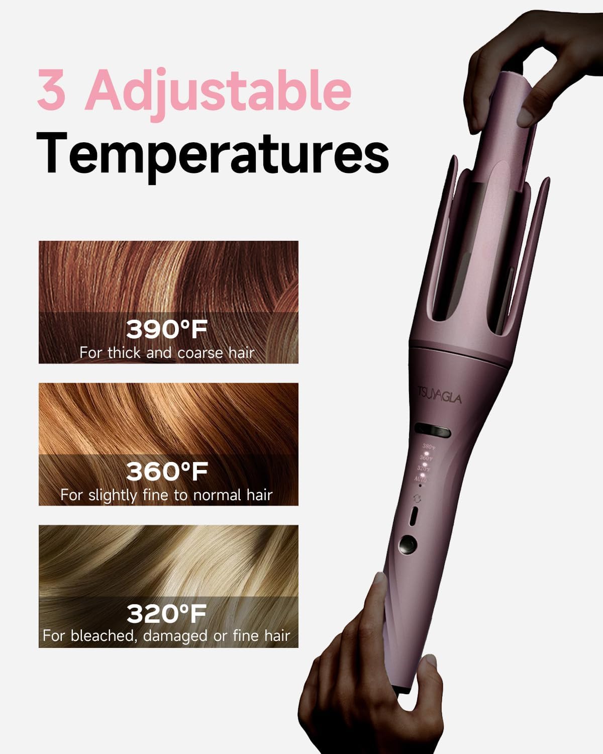 3 in 1 Automatic Curling Iron, Hair Curlers with 3 Curling Barrels (1" - 1.25" - 1.5"), Rotating Curling Iron with 3 Temp, 2-Way Rotation, 10S Fast Heating, Anti-Scald, Dual Voltage, Pink - Image 5