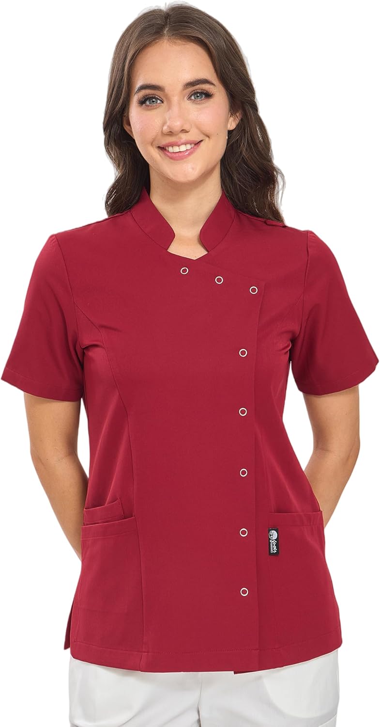 GUOER Scrub Tops Women,Mandarin Collar, Front Snap Fasteners,Side Slits,Back Pleats,3 Pockets