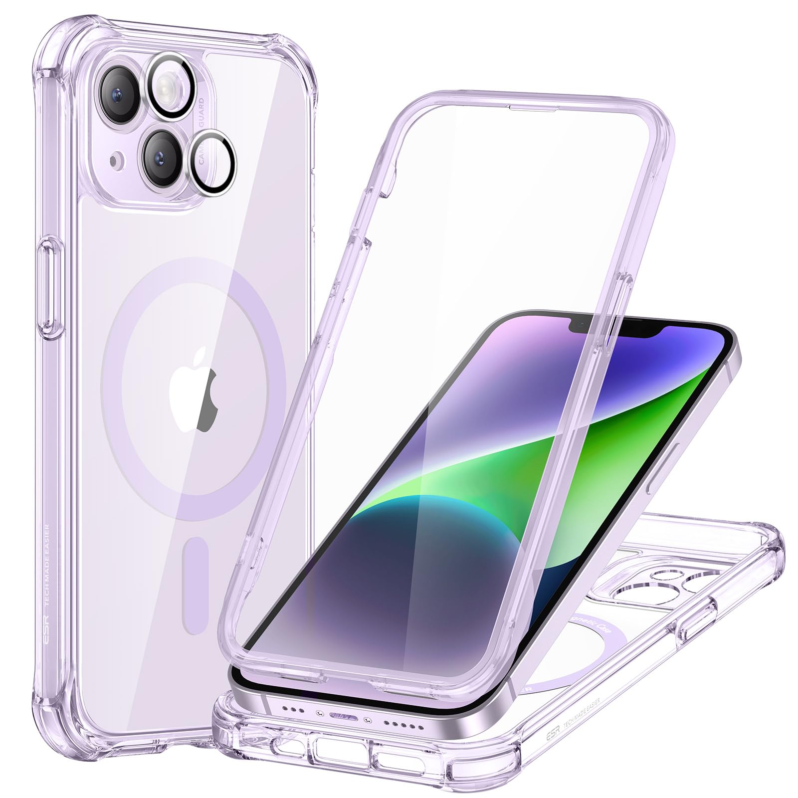 ESR for iPhone 14 Case, Compatible with MagSafe, Full-Body Military-Grade Drop Proof Case with Built-in 9H+ Tempered Glass Screen Protector, Armor Series, Clear Purple