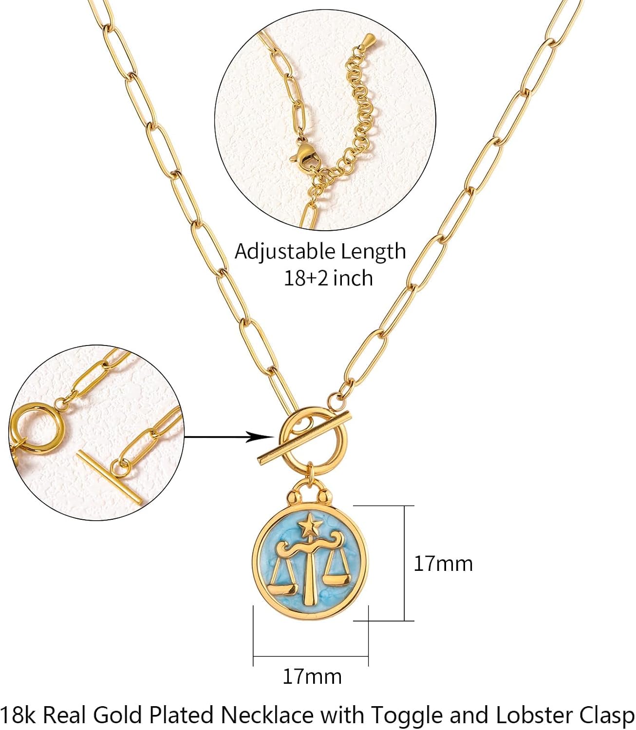 Zodiac Pendant Paperclip Toggle Necklace for Women 18k Gold Plated 12 Constellation Paper Clip Chain Horoscope Pendant Astrology Zodiac Sign Jewelry Birthday Gift for Her