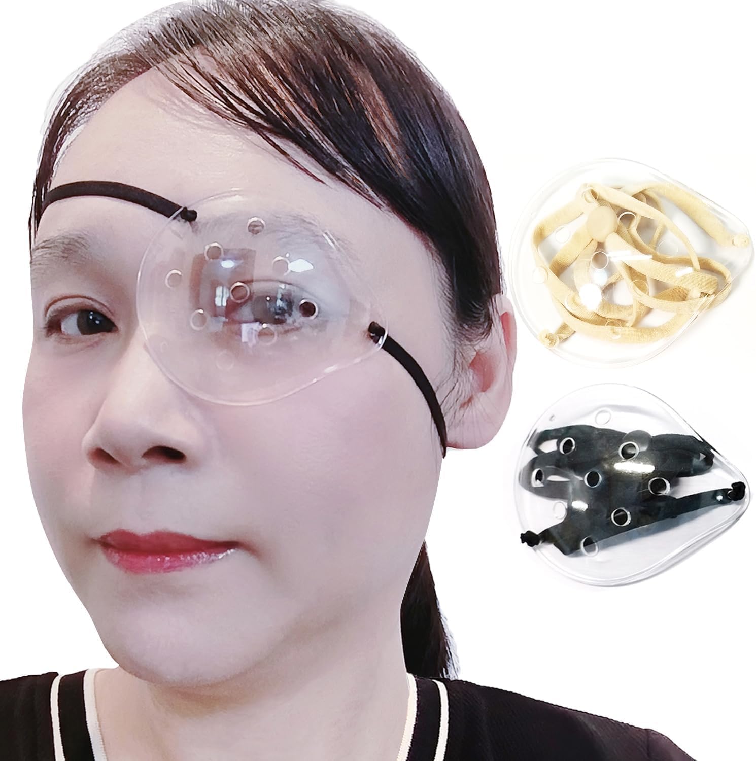 AMZVIO 2pcs Eye Shield After Cataract Surgery,Eye Shield for Sleeping after Surgery,Extended Elastic Band Longer & Wider for Adults Eye Protector Clear Eye Patch (Black+Beige)