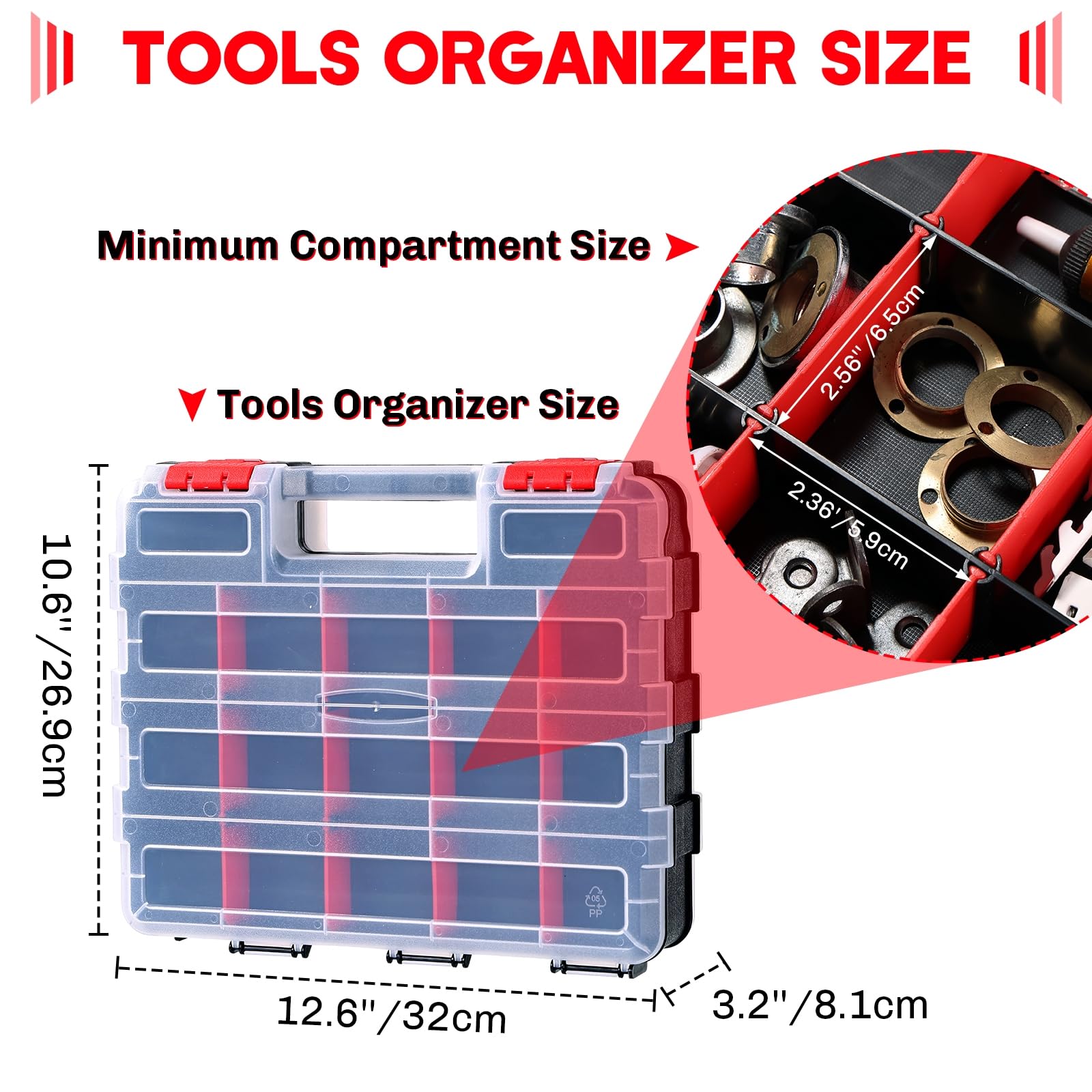 Confezione da 2 organizer per piccole parti, scatola per attrezzi, 34 scomparti, doppio lato, con divisori rimovibili per piccoli attrezzi, viti, bulloni, dadi, chiodi, perline (rosso)