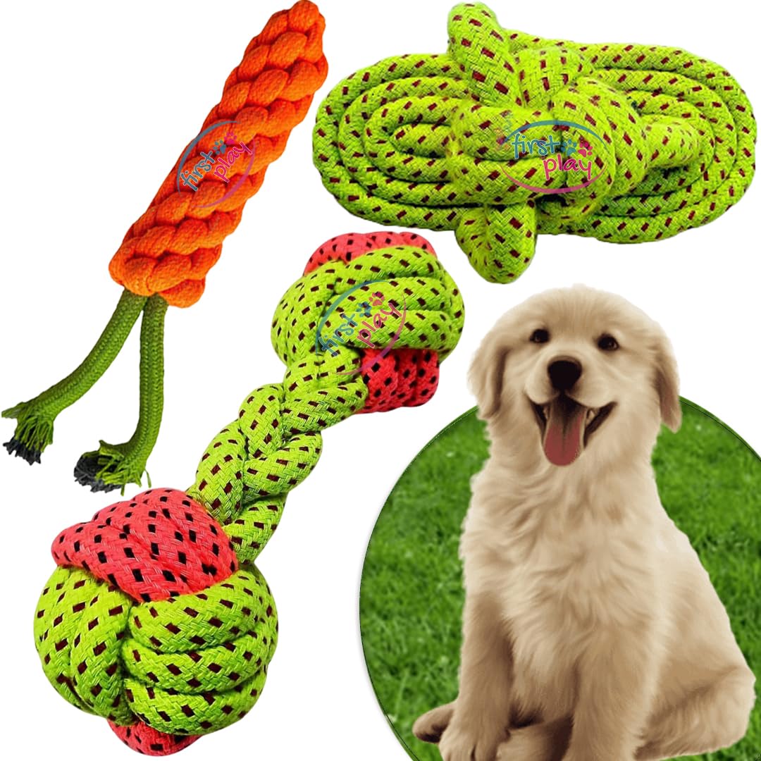 First Play Durable Dog Cotton Rope Toy | Ideal for Chewing, Teething, and Fetching| Training Toy from Small Puppies to Medium Size Dogs| Set of 3 Rope Toys (Color May Vary) (B0CCLFB9PS) Amazon Price History, Amazon Price Tracker
