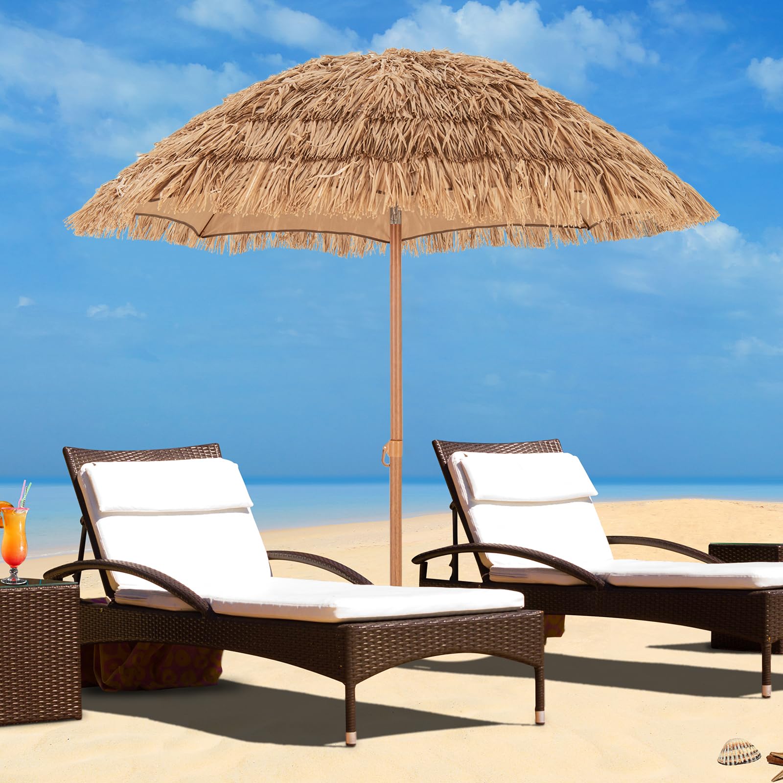 RELAX4LIFE Sombrilla hawaiana, paja, diámetro de 200 cm, sombrilla para balcón inclinable, sombrilla de jardín con soporte plegable y bolsa de transporte, sombrilla de paja, sombrilla hawaiana con