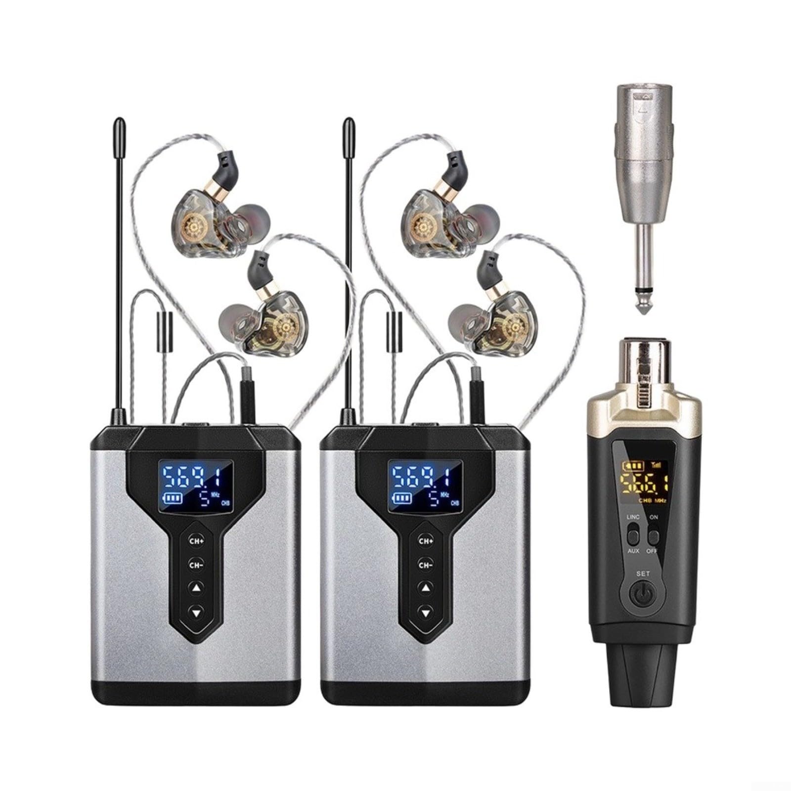 Kit di monitoraggio in-ear wireless in lega di alluminio per 1 trasmettitore e 2 ricevitori, audio professionale per musicisti di palcoscenico prove di banda (1 a 2)
