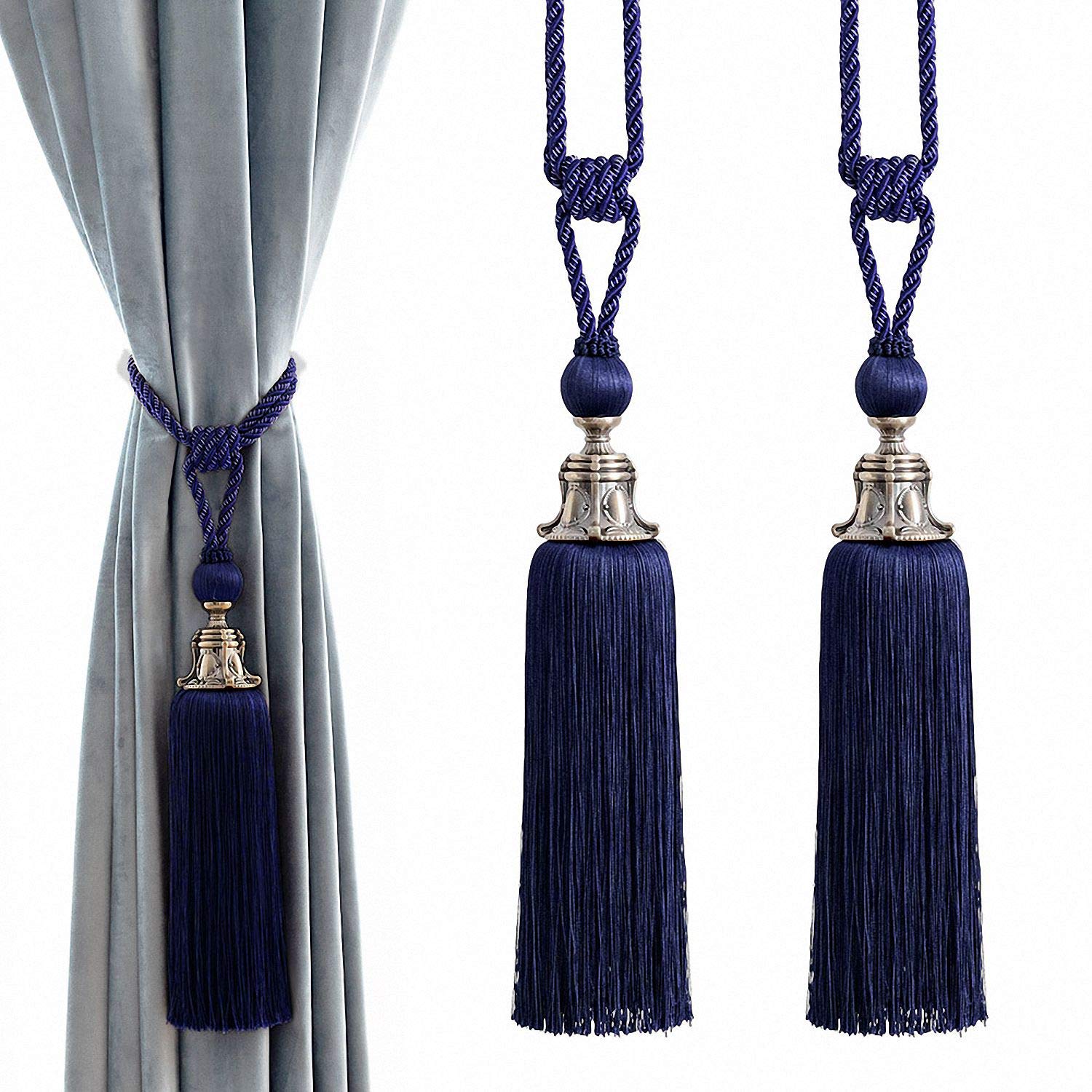 Melodieux Large Decorative Curtain Tiebacks Antique Tassel Holdbacks, Home Office Windows Drapery Fasteners Fringe Ropes, Set of 2 (Royal Blue)